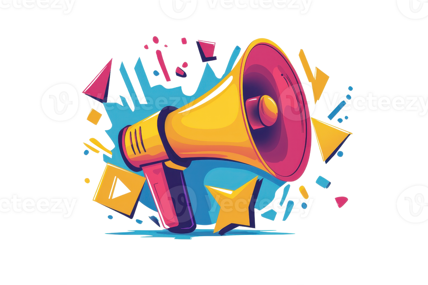 Vibrant digital illustration of a colorful megaphone surrounded by abstract shapes, symbolizing communication and announcement creativity. png