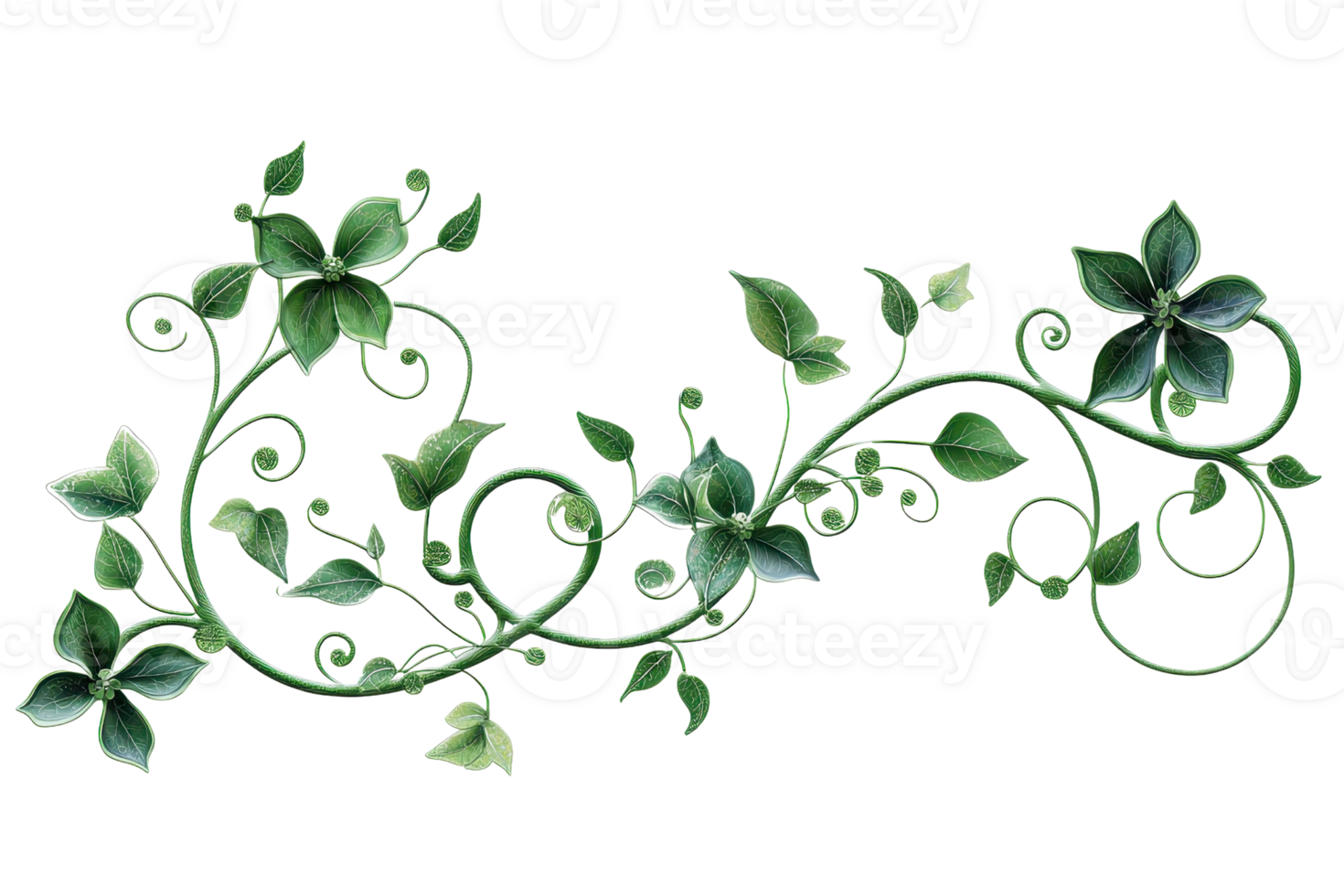 Intricate green vine illustration with swirling leaves and tendrils, perfect for decorative and nature-themed projects. png