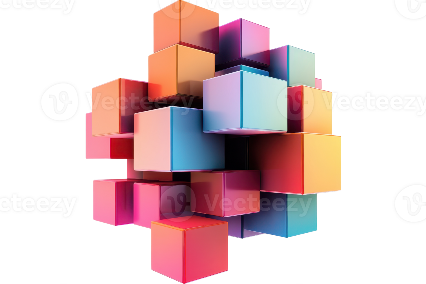 Vibrant 3D geometric structure of colorful cubes, displaying modern abstract design concepts in vivid hues and intricate patterns. png