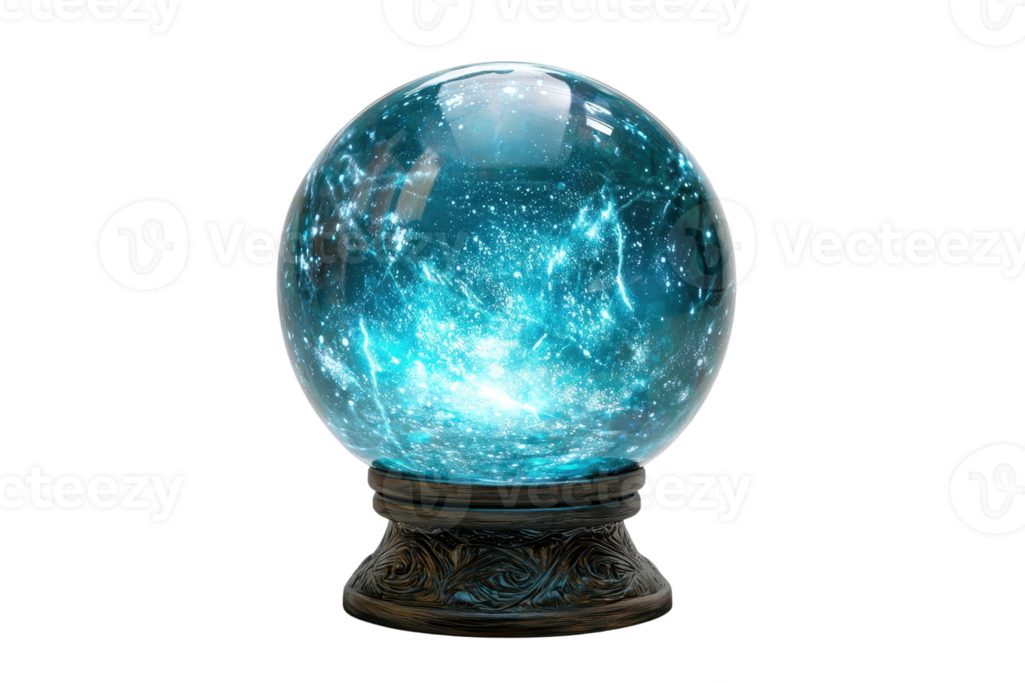 Mystical glowing crystal ball on a decorative stand, capturing ethereal blue light and reflecting magical visions of the future. png