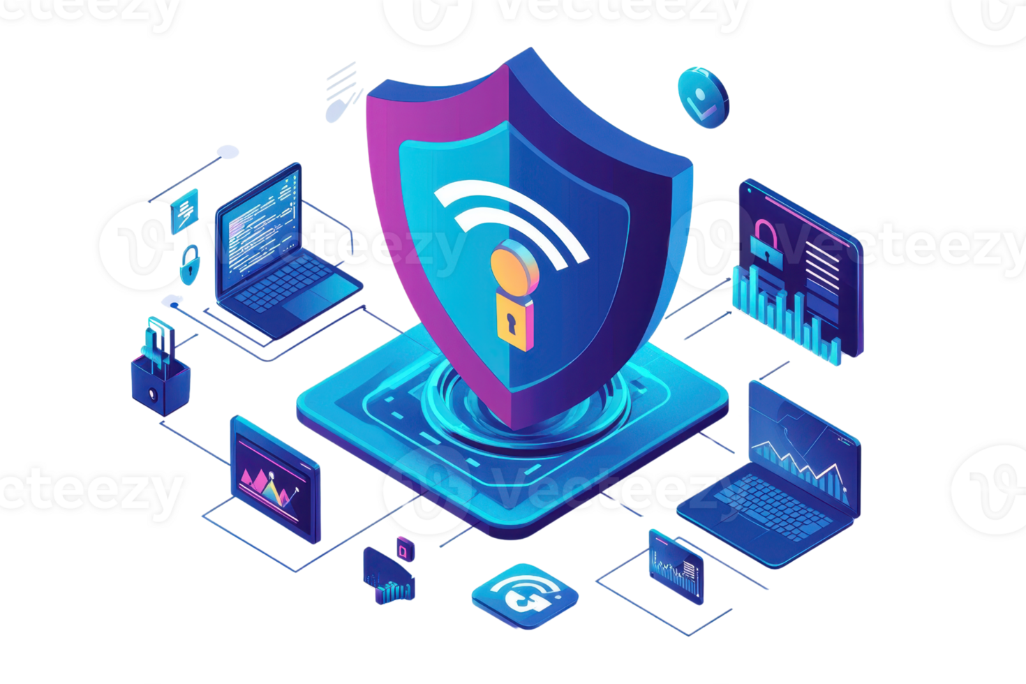 Illustration of cybersecurity concept with digital shield, devices, and data symbols. Represents secure internet and network protection. png