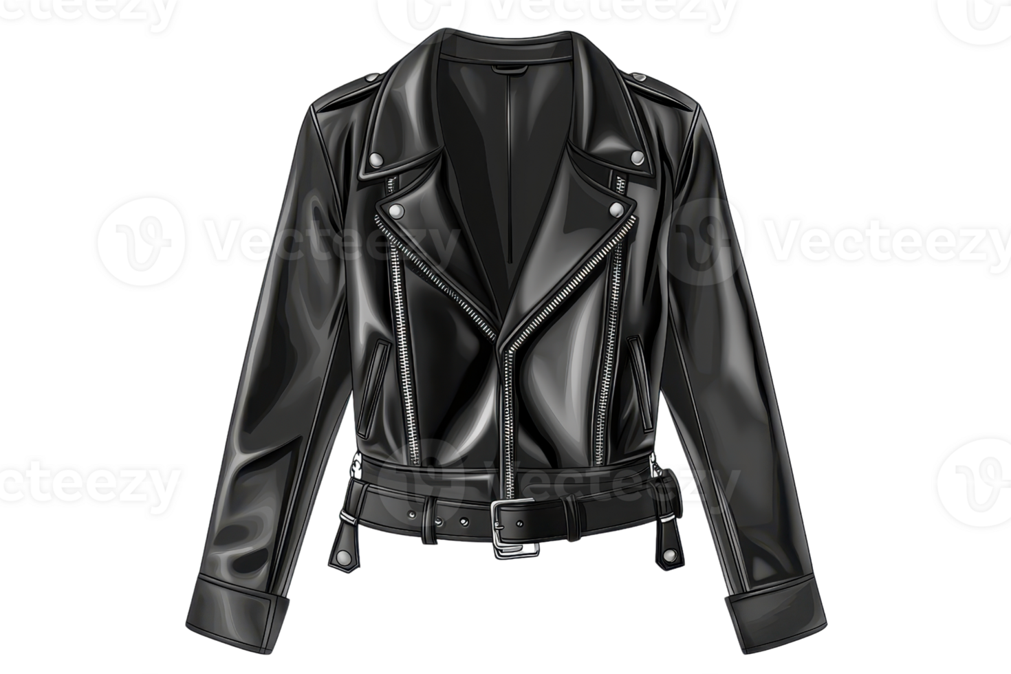 Stylish black leather jacket with a classic design and silver zippers, perfect for a trendy and edgy fashion statement. png