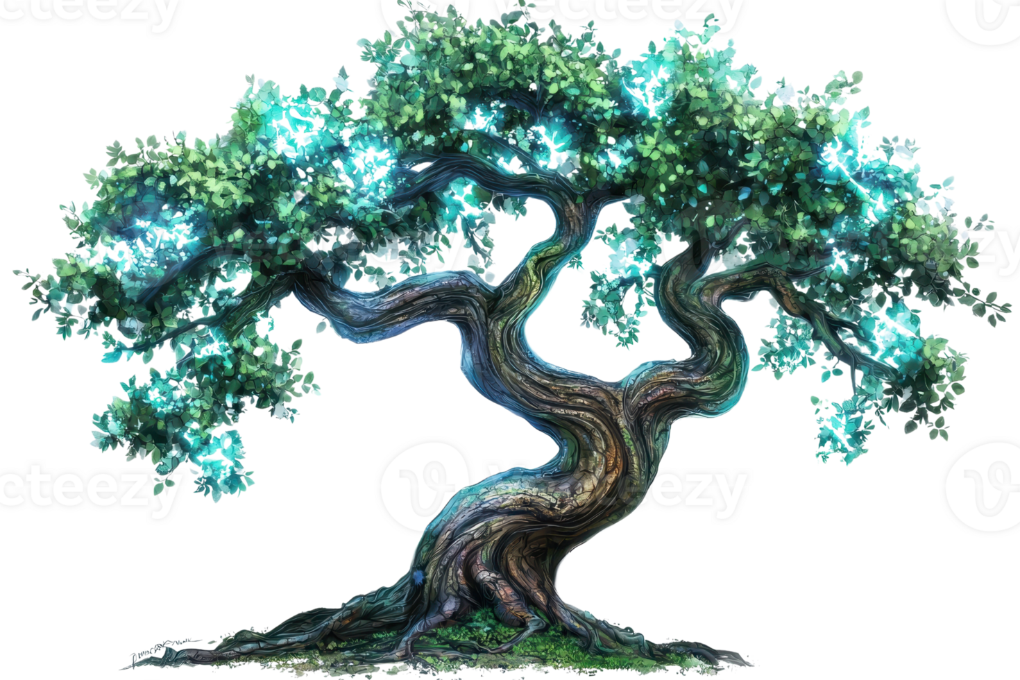 Mystical tree with glowing leaves and twisted branches, depicting fantasy and magic. Perfect for artistic and nature-themed projects. png