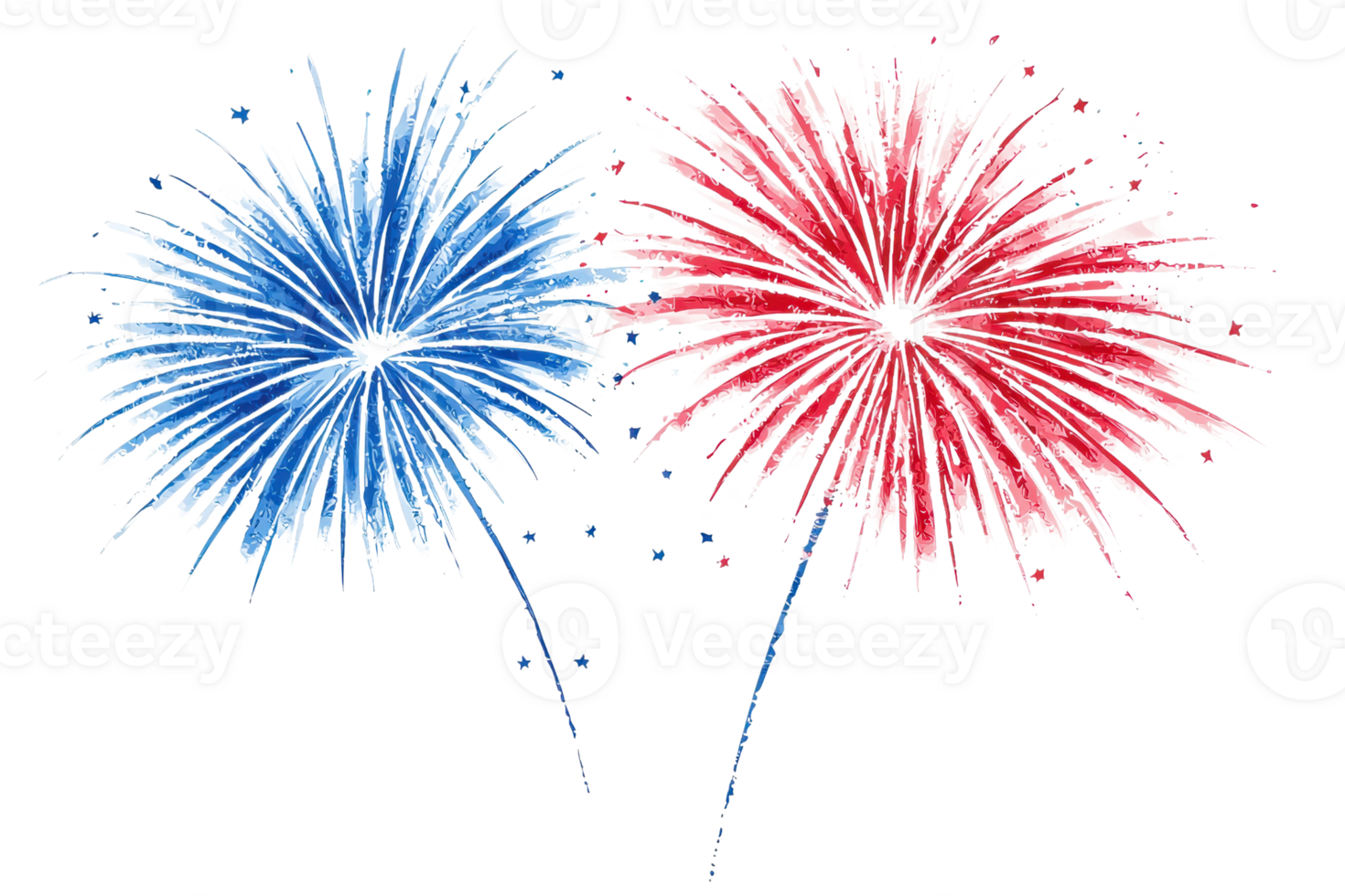 Vibrant red and blue fireworks burst against a dark sky, capturing the essence of celebration and festive joy in a dazzling display. png