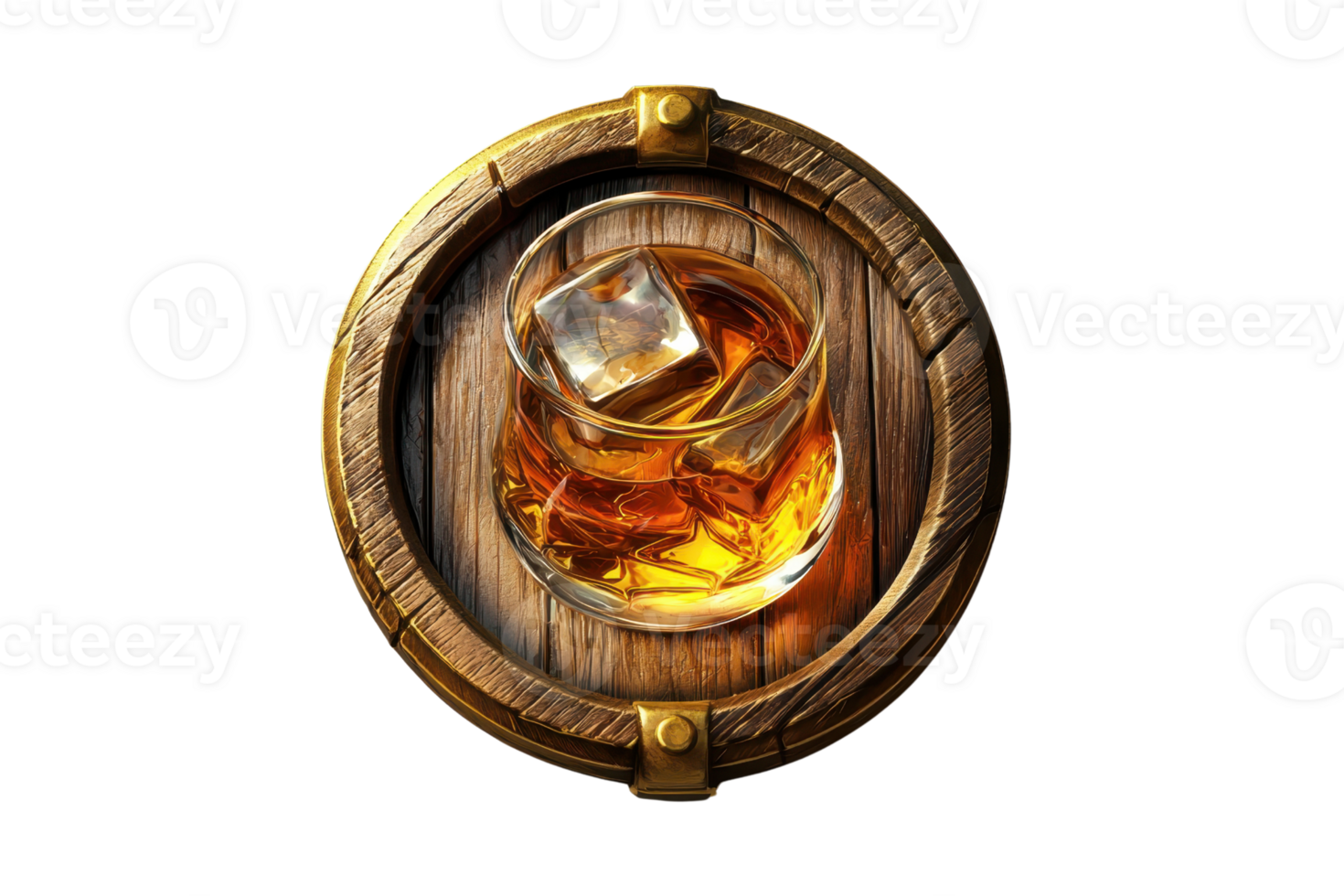Top view of whiskey glass with ice on a wooden barrel surface, showcasing elegance and indulgence in a refined setting. png
