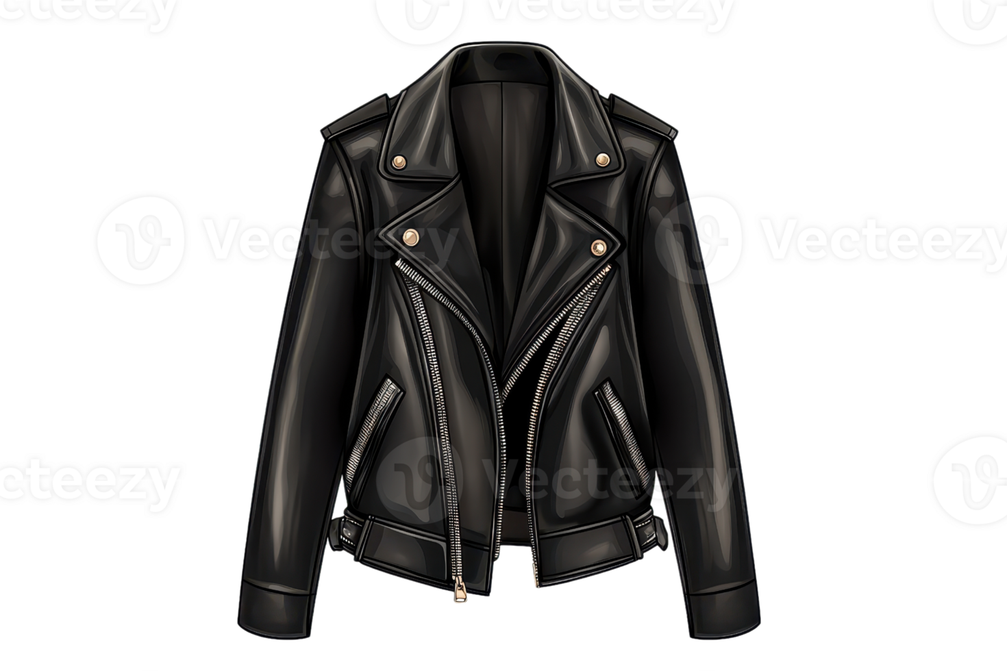Stylish black leather jacket with zipper and button details, perfect for a modern and edgy fashion statement. png