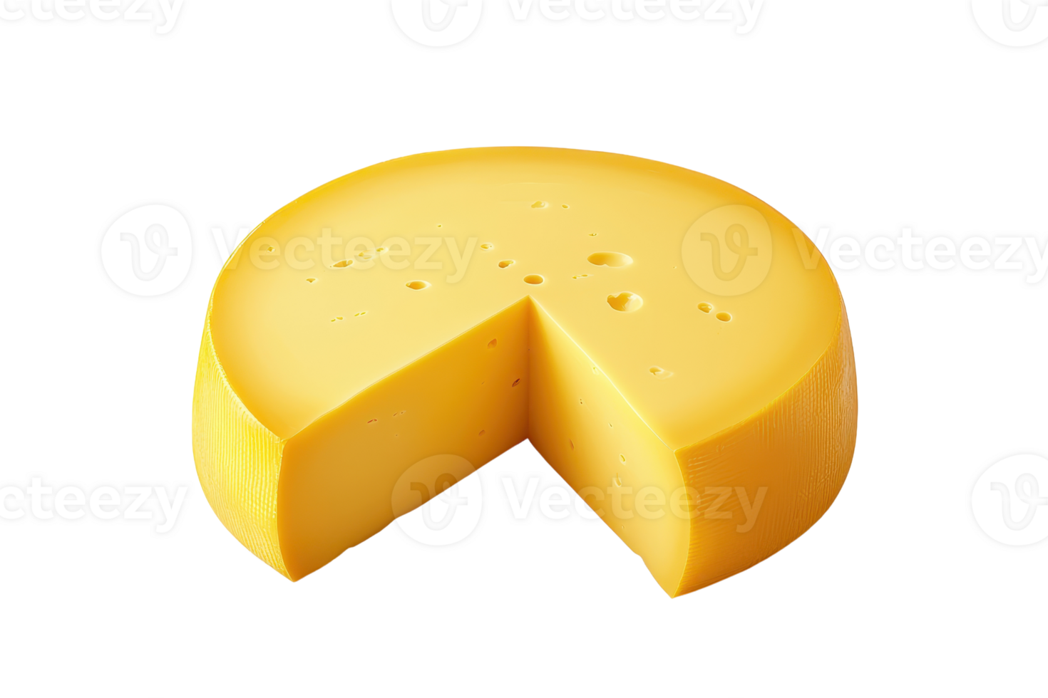 Whole round cheese with a wedge cut out, showcasing its smooth texture and yellow hue, isolated on transparent background. ready for culinary use. png