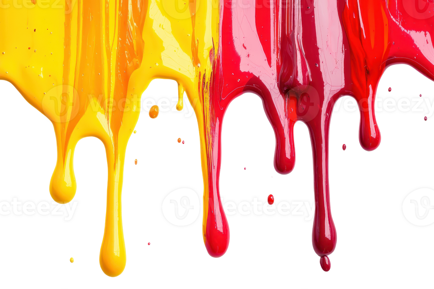 Vivid splashes of dripping paint in vibrant red, yellow, and pink hues, creating a dynamic and colorful abstract background on a dark surface. png