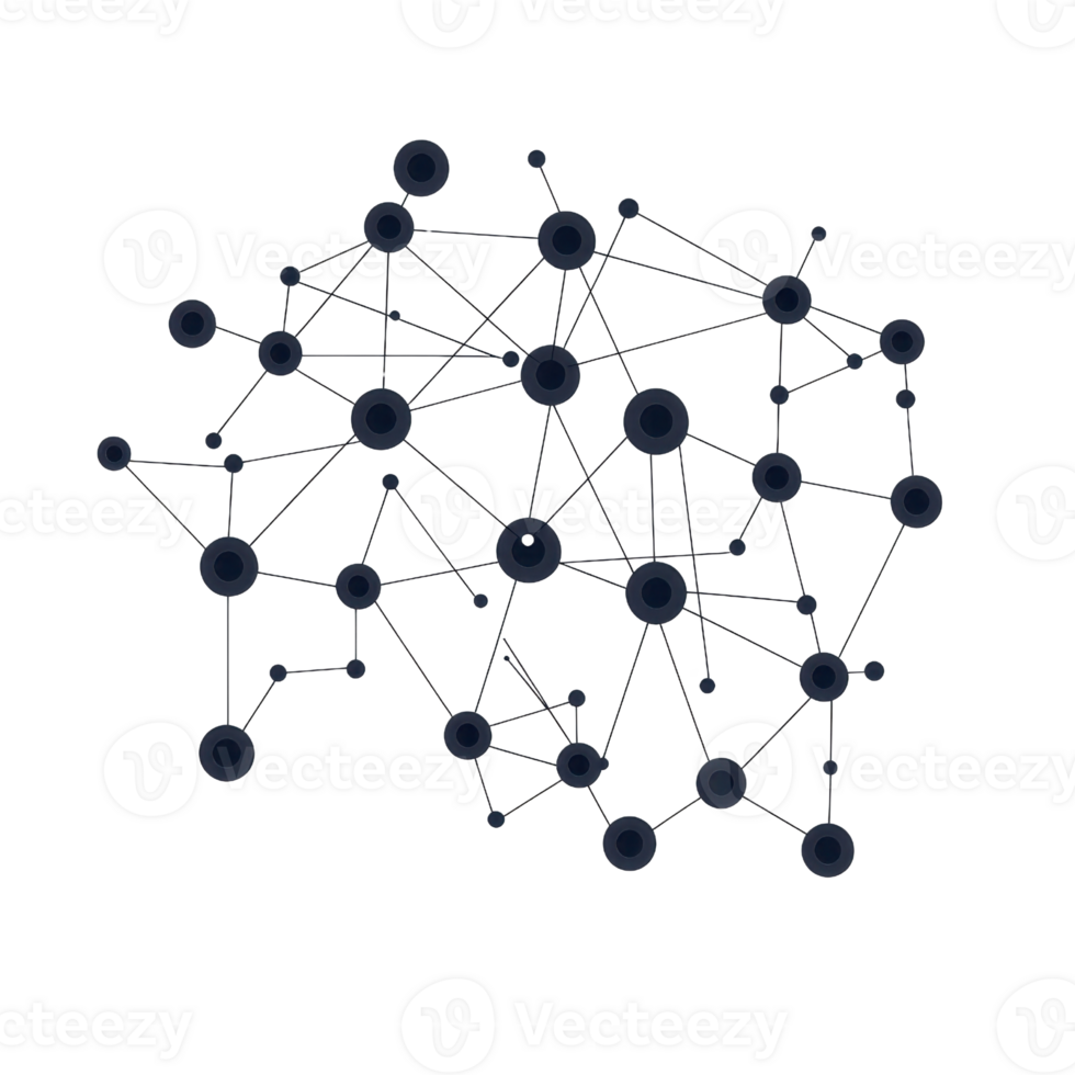 Abstract network of interconnected nodes representing complex communication, data flow, and digital connections on a dark background. png