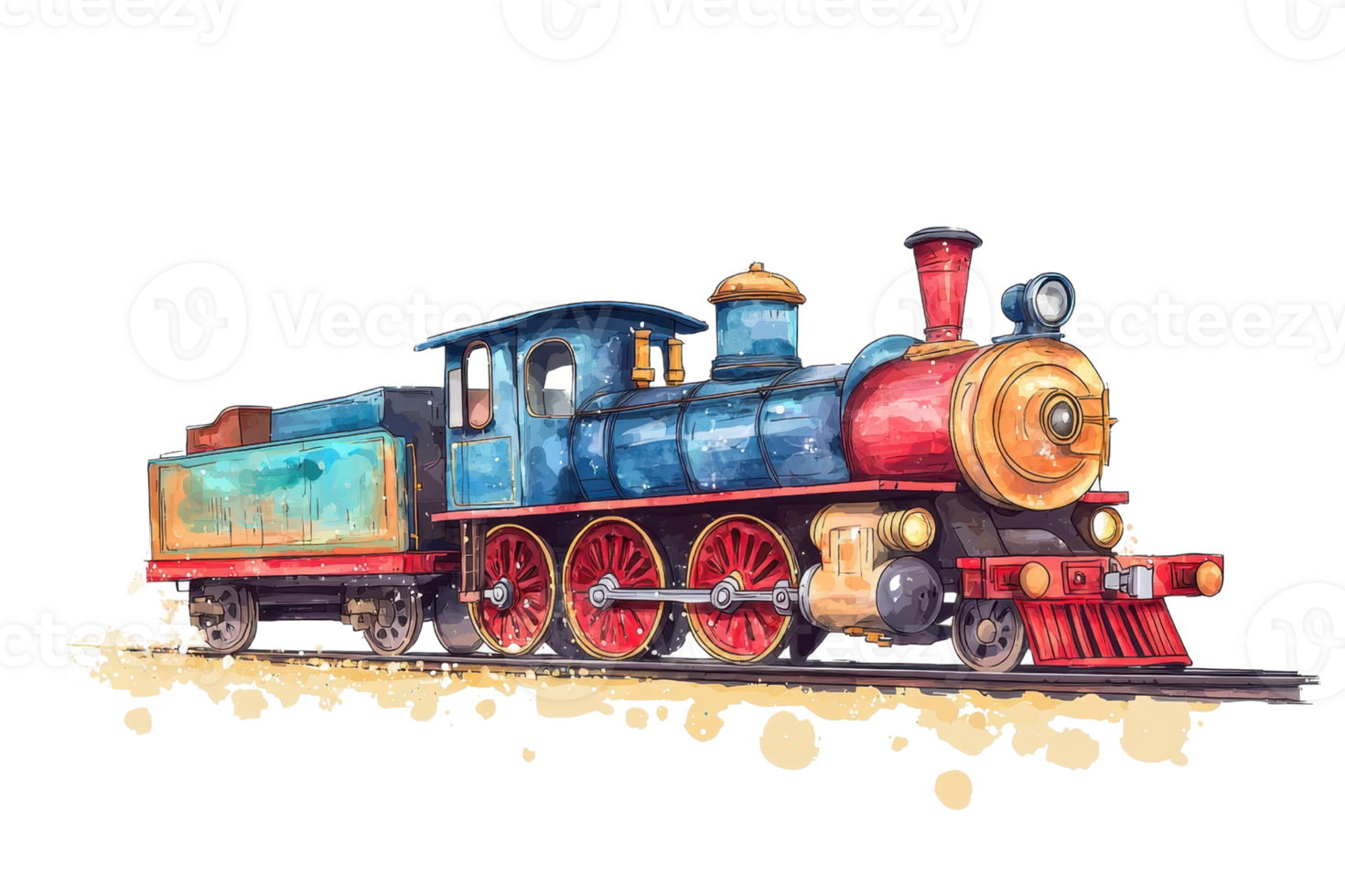 Vintage steam train illustration with vibrant colors and intricate details, capturing the essence of classic locomotive travel. png