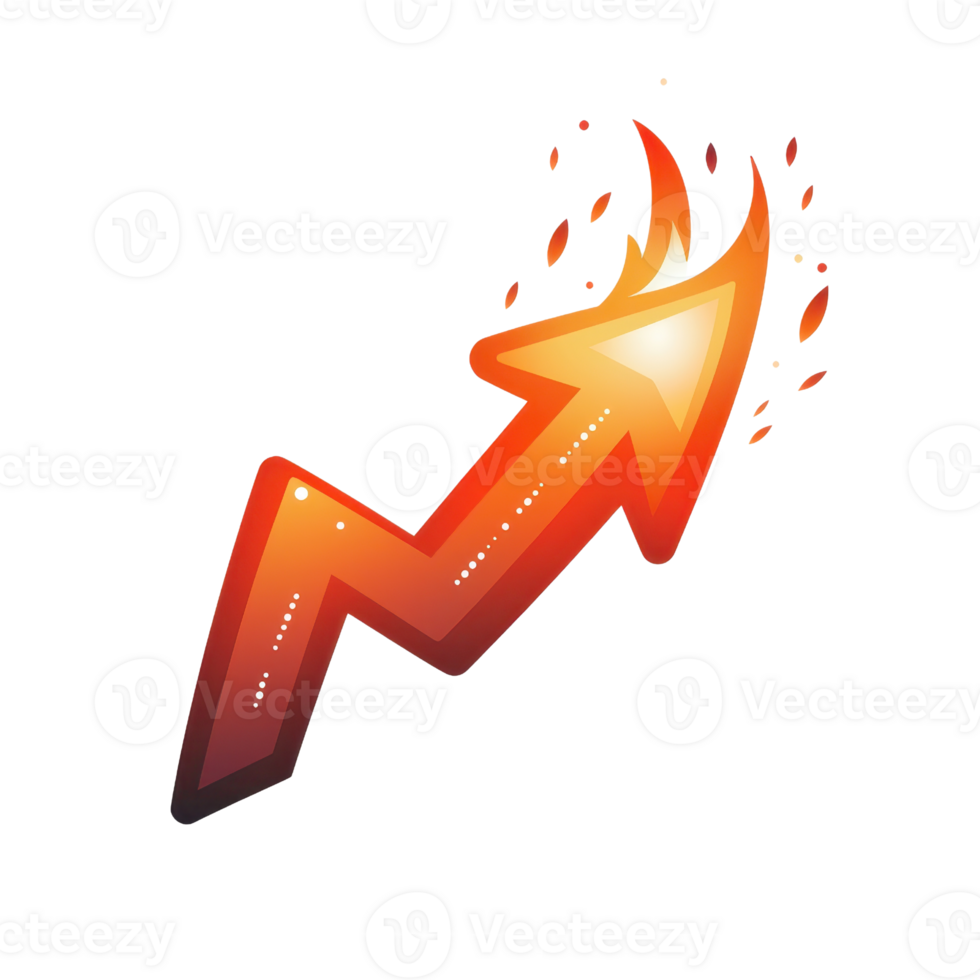 Dynamic rising arrow with fiery design symbolizing growth, progress, and success in business, finance, or personal development. png