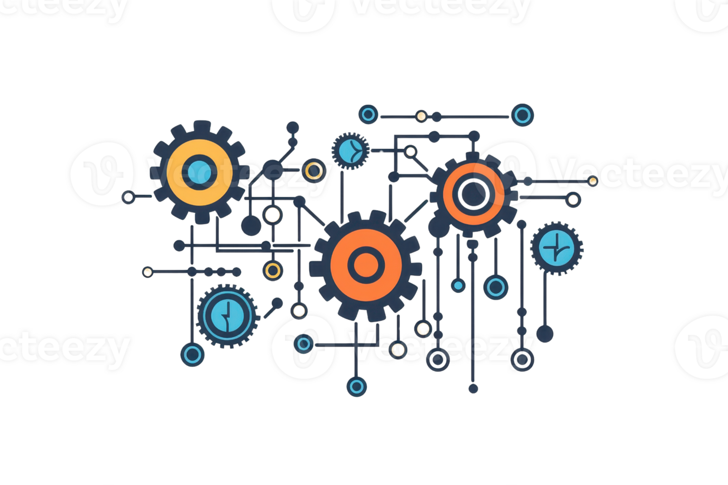 Abstract network illustration with interconnected gears symbolizing technology and innovation, featuring a digital and mechanical theme. png
