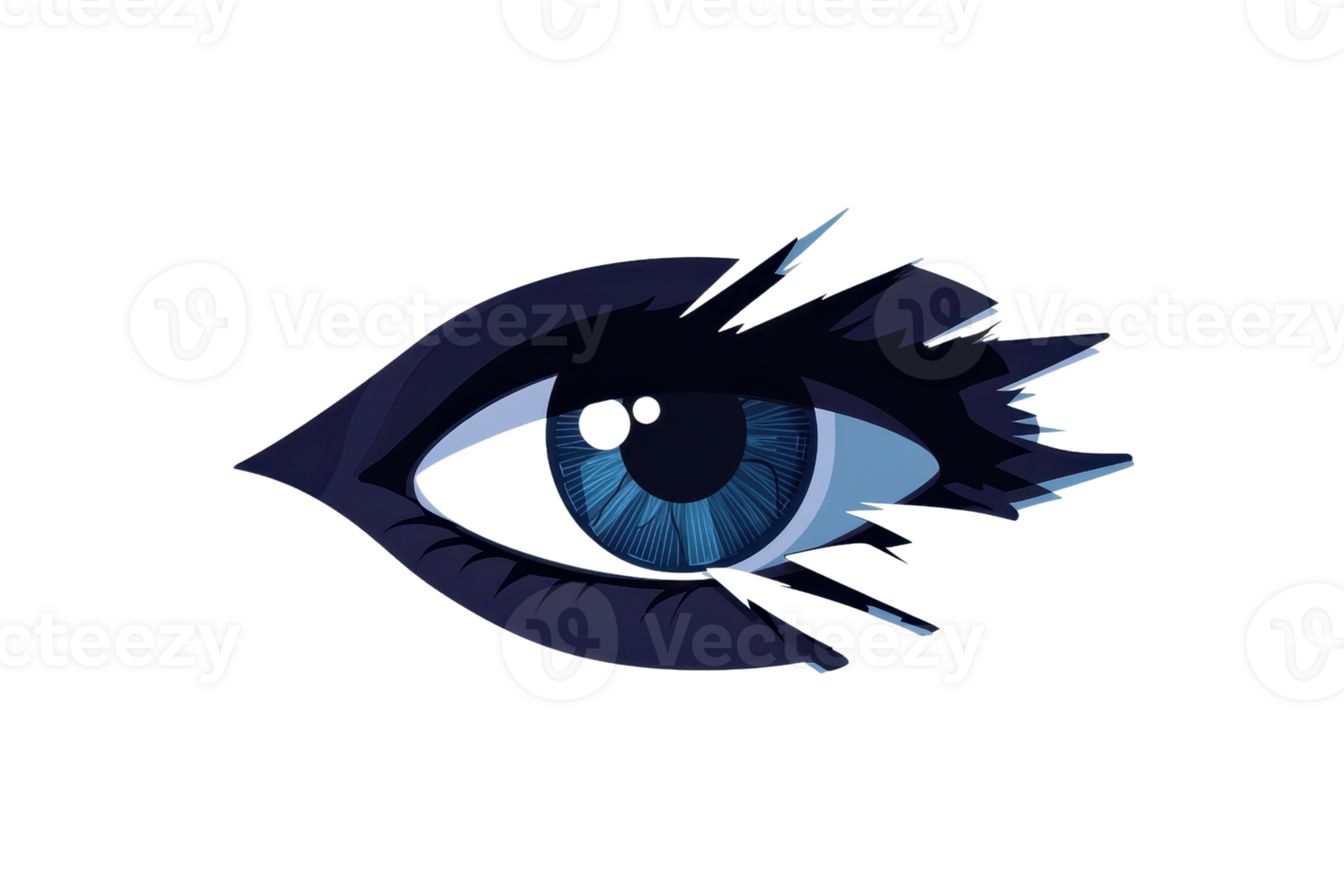Artistic illustration of a striking blue eye, with bold, abstract elements surrounding it, symbolizing vision and creativity. png
