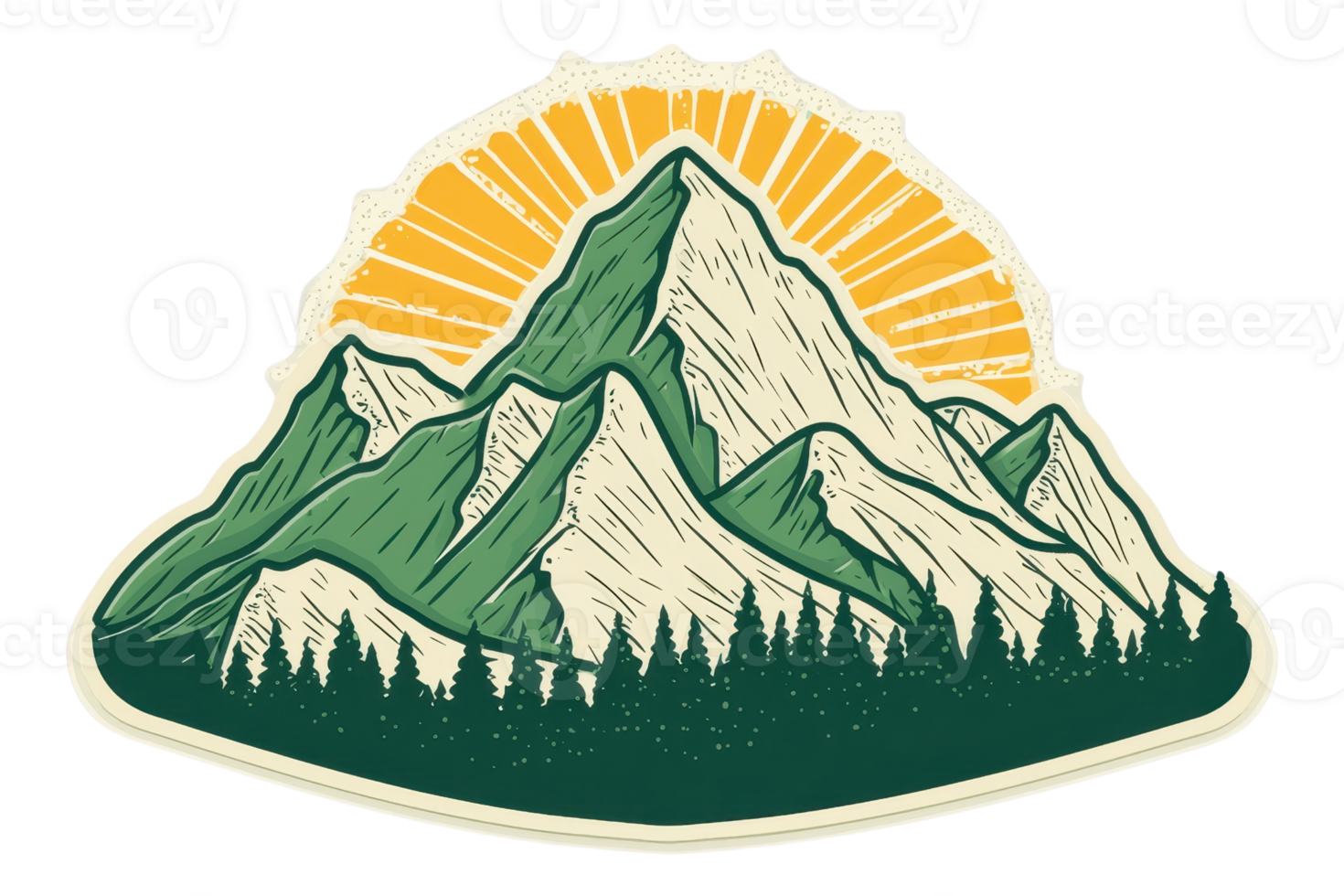 Vintage illustration of a majestic mountain range with a sunrise background, perfect for nature and adventure themes. png