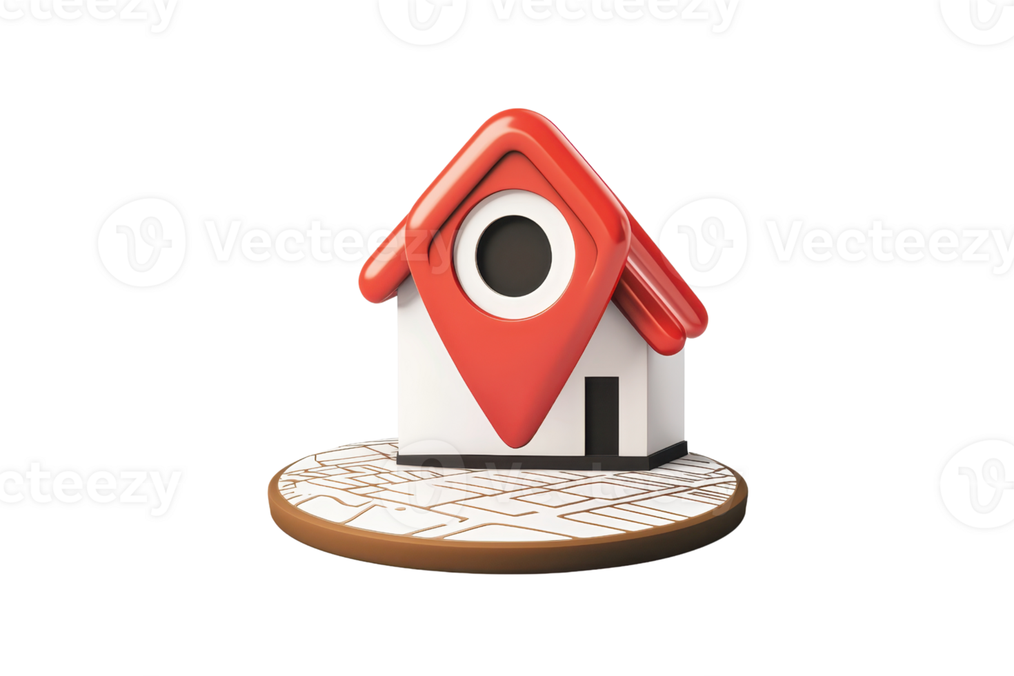 3D illustration of a house with a map pin icon, representing real estate, navigation, and property location concepts. png