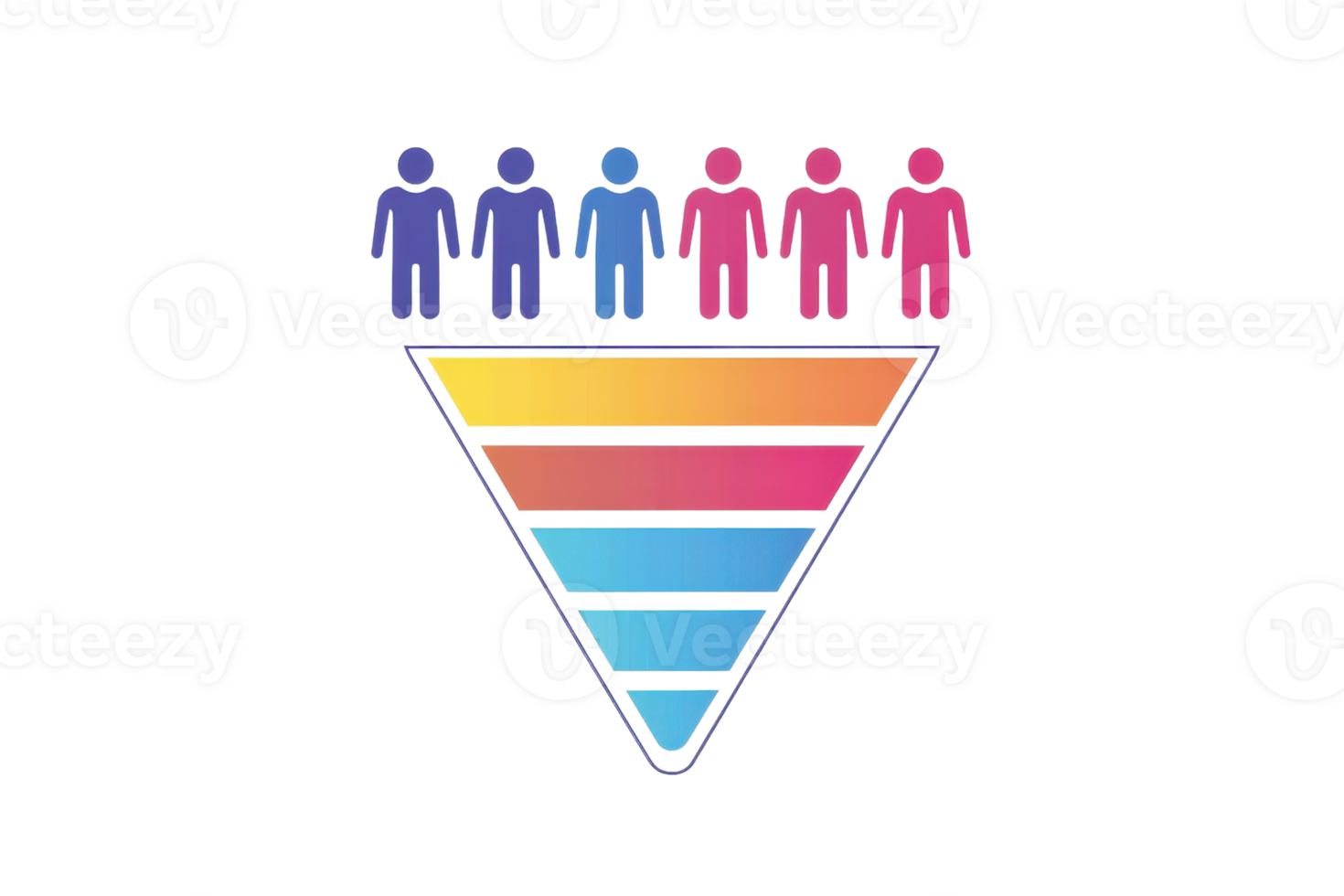 Colorful illustration of a funnel with human figures in gradient hues, symbolizing teamwork, diversity, and collaboration in a business context. png