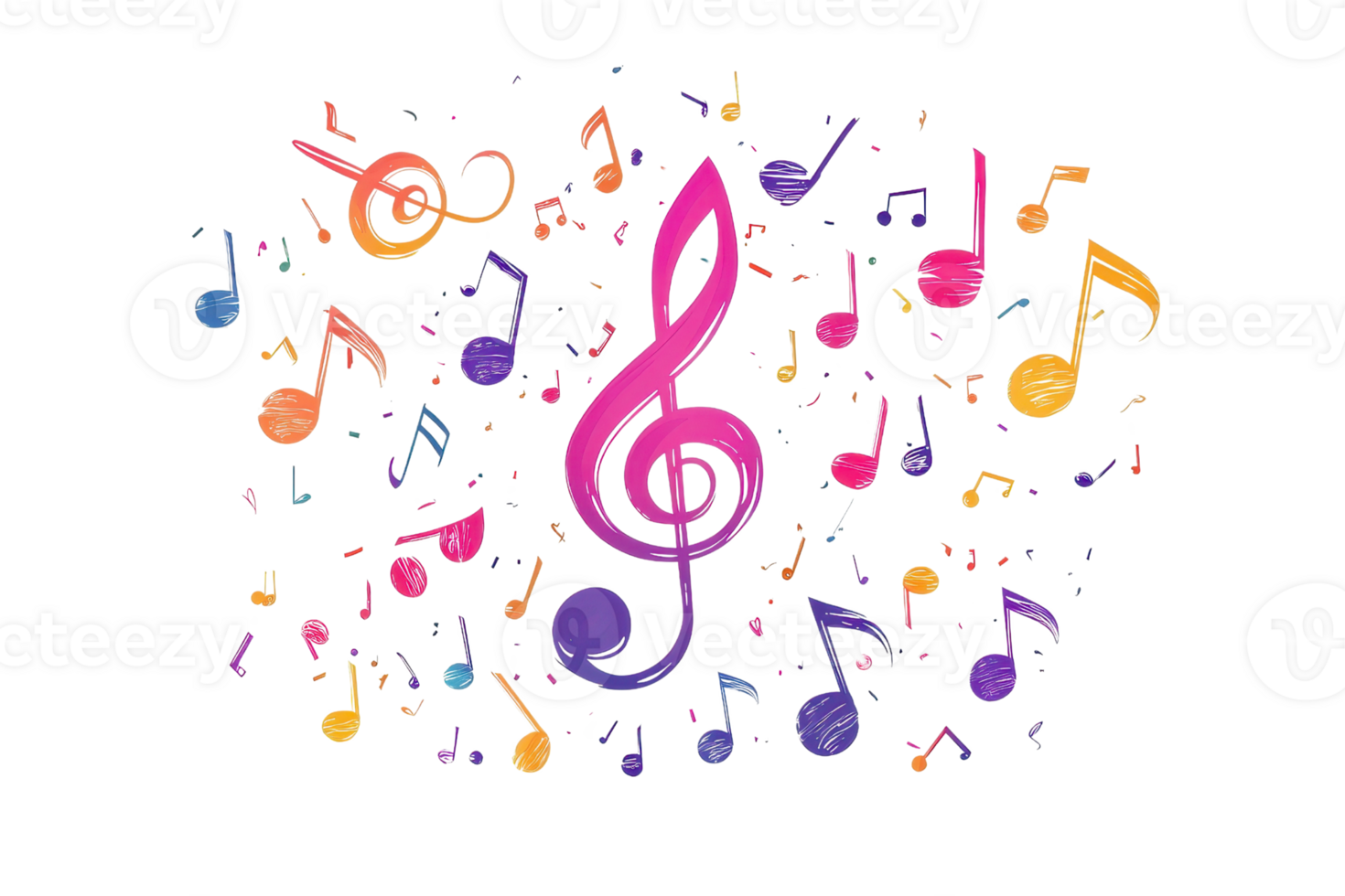 Colorful music notes and symbols in a creative swirl, representing melody, rhythm, and harmony, perfect for musical and artistic themes. png