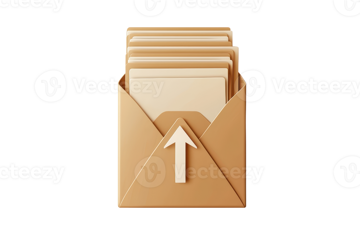 3D rendering of an open folder with documents and an arrow, symbolizing upload or file management in a minimalist design. png