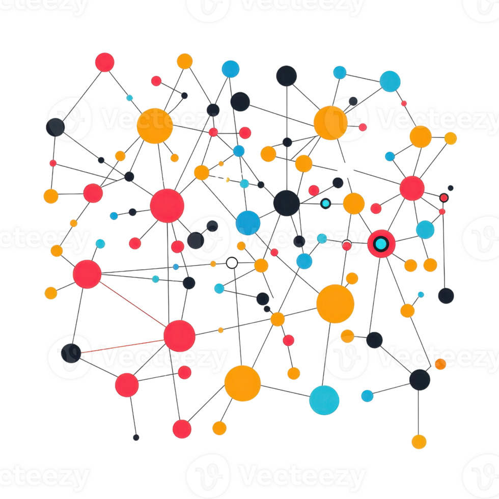 Colorful abstract network of interconnected dots and lines representing communication and technology concepts. png