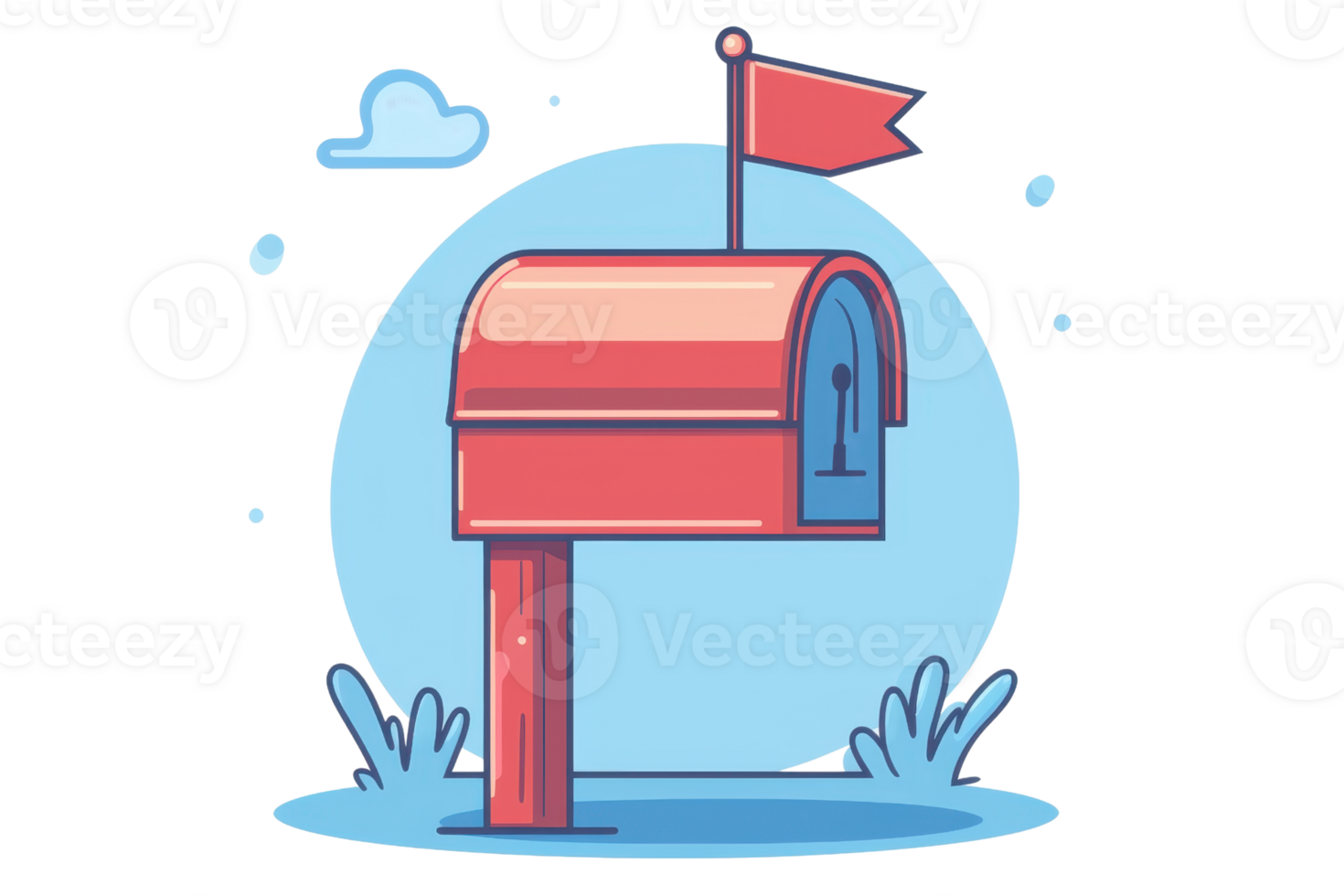 Cartoon red mailbox with raised flag, set against a blue sky with clouds. Perfect for postal, communication, and delivery themes. png
