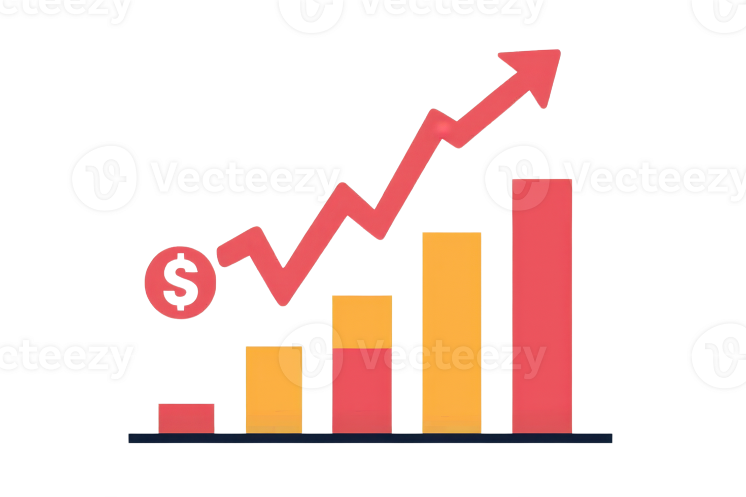 Colorful bar graph with upward trajectory arrow, symbolizing financial growth and positive business progress, against a transparent background. png