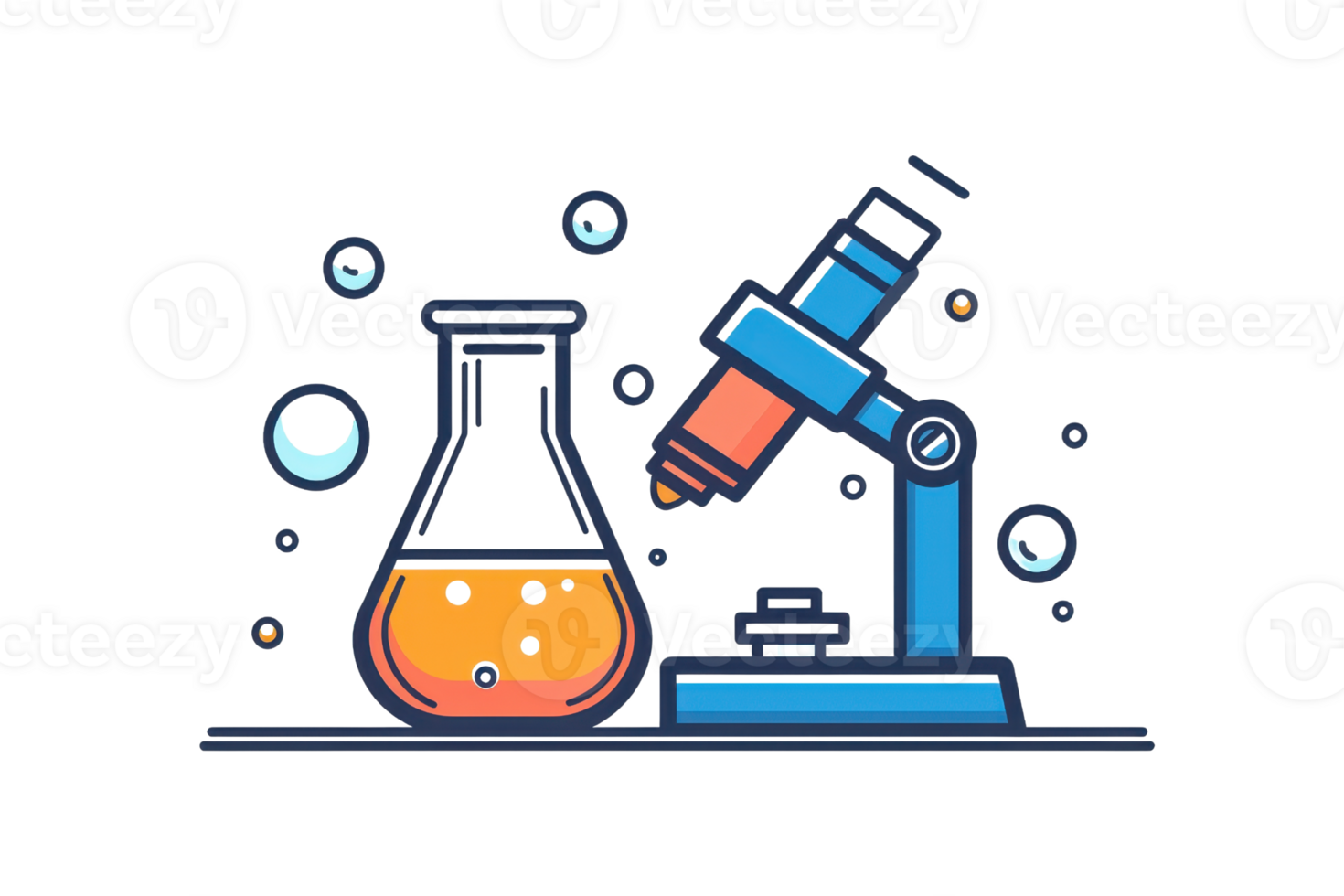 Colorful illustration of a microscope and flask with bubbling liquid, symbolizing chemistry, science, and laboratory experiments. png