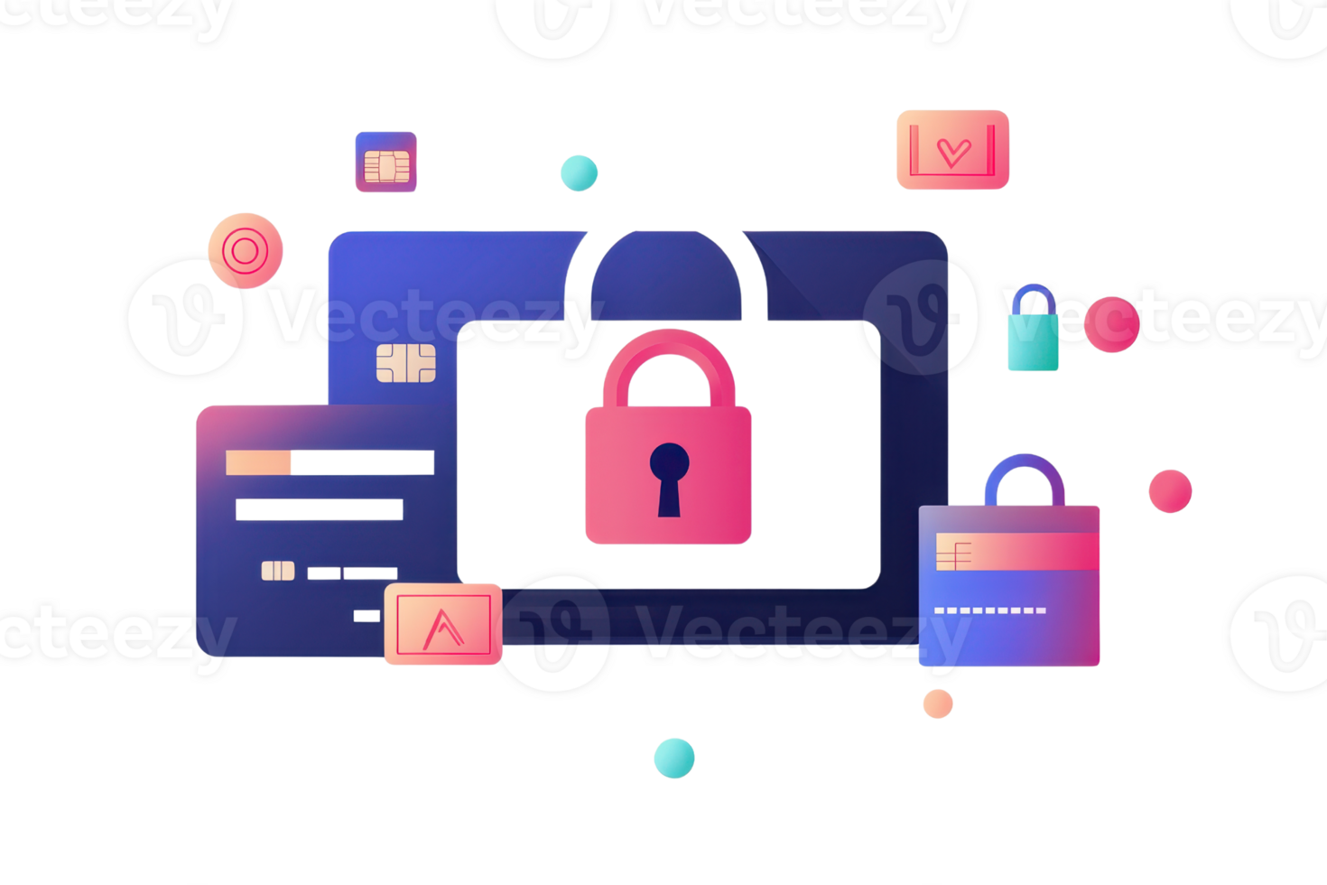 Colorful digital security concept with locks, cards, and networks illustrating cybersecurity and data protection. png