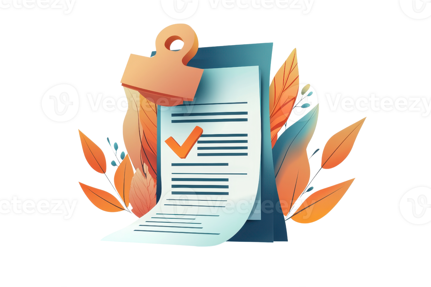 Abstract illustration of a clipboard with documents, checkmark, and decorative leaves, symbolizing organization and productivity. png