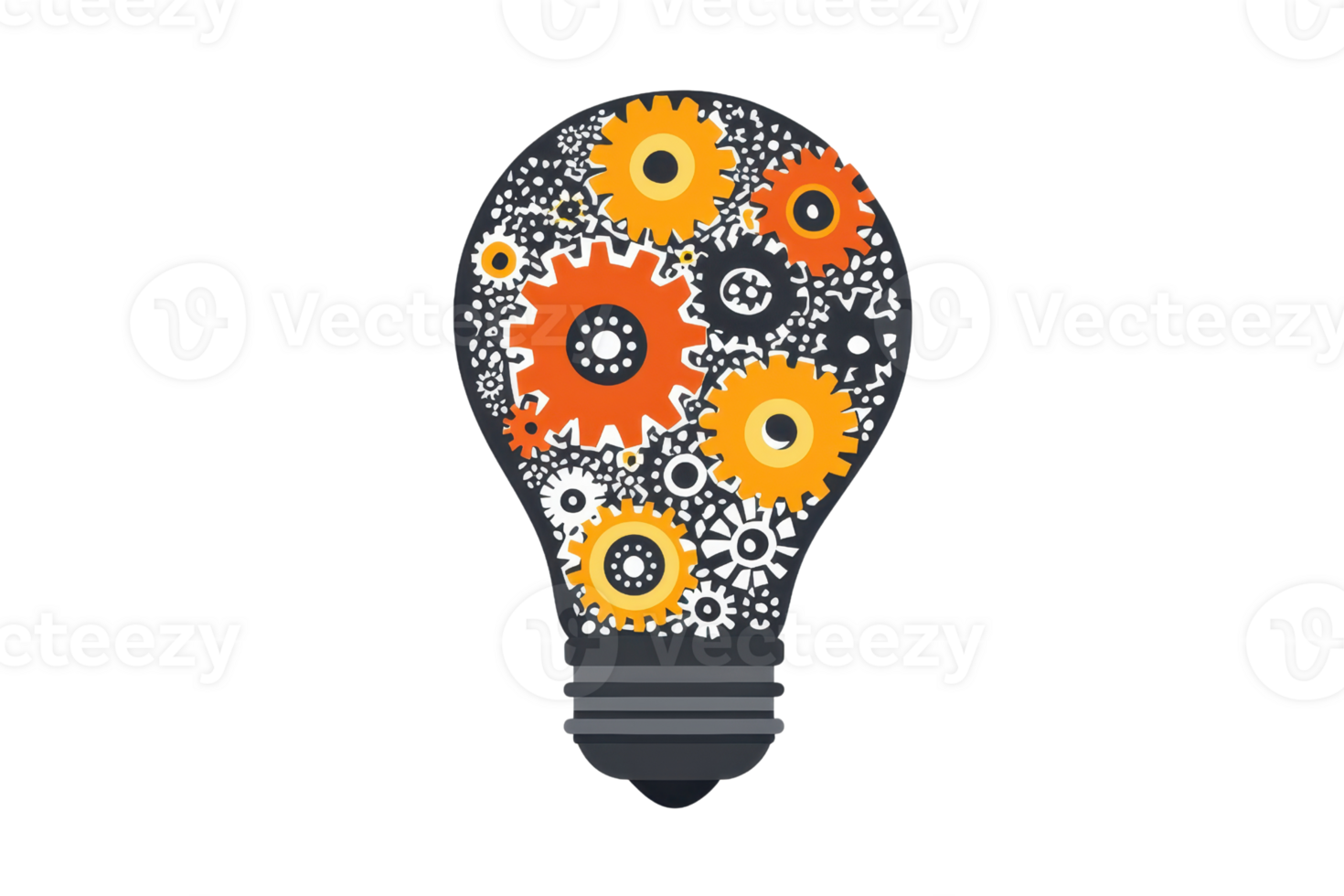 Creative concept illustration of a light bulb filled with colorful gears, symbolizing innovative ideas and teamwork in problem-solving. png