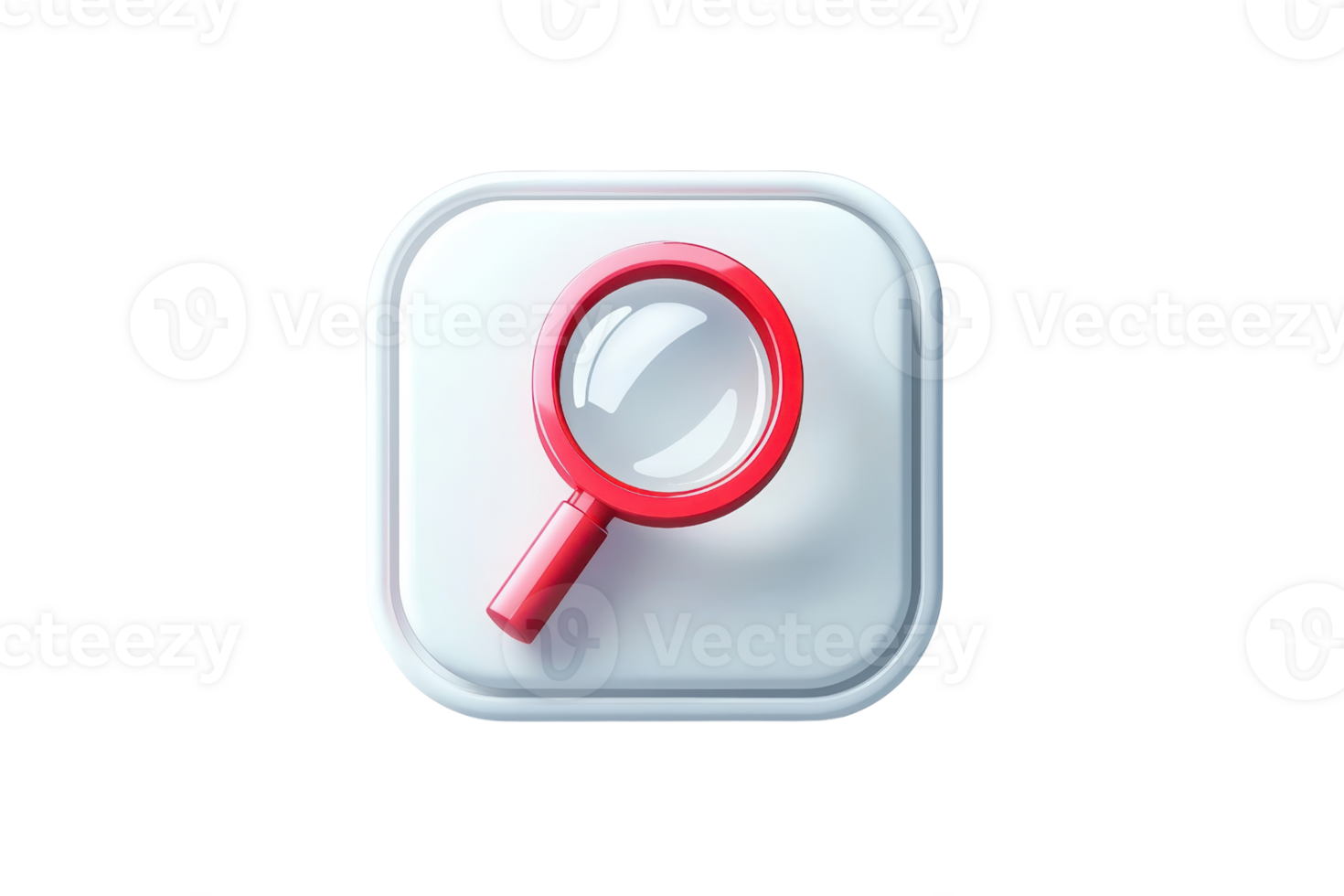 3D magnifying glass icon with red handle on white rounded square, symbolizing search or investigation in a modern digital context. png