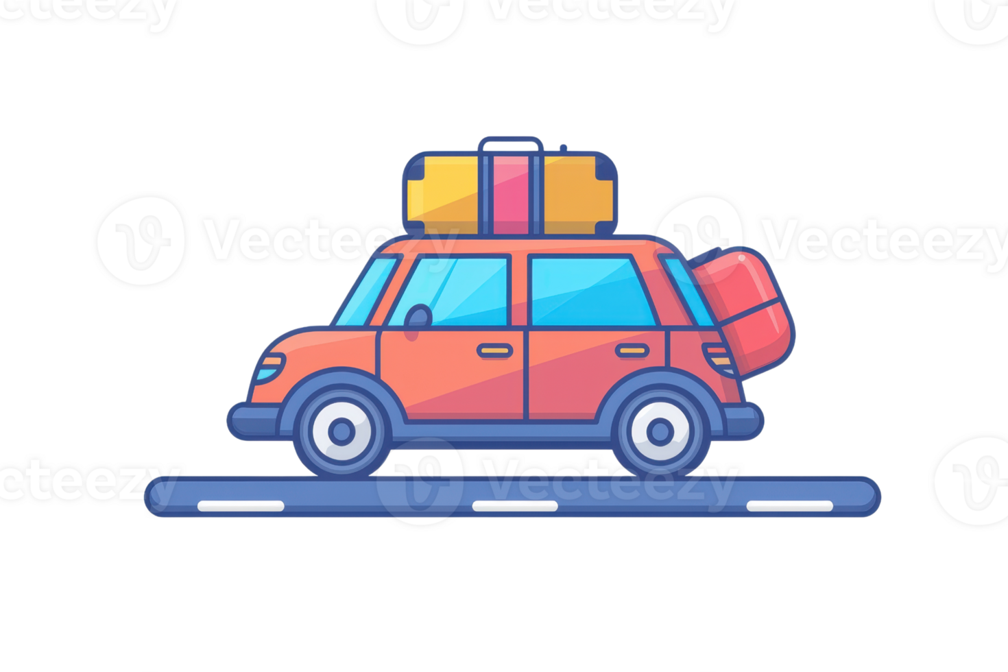 Colorful cartoon car loaded with luggage on the roof, ready for a fun family road trip adventure. Minimalistic design on transparent background. png