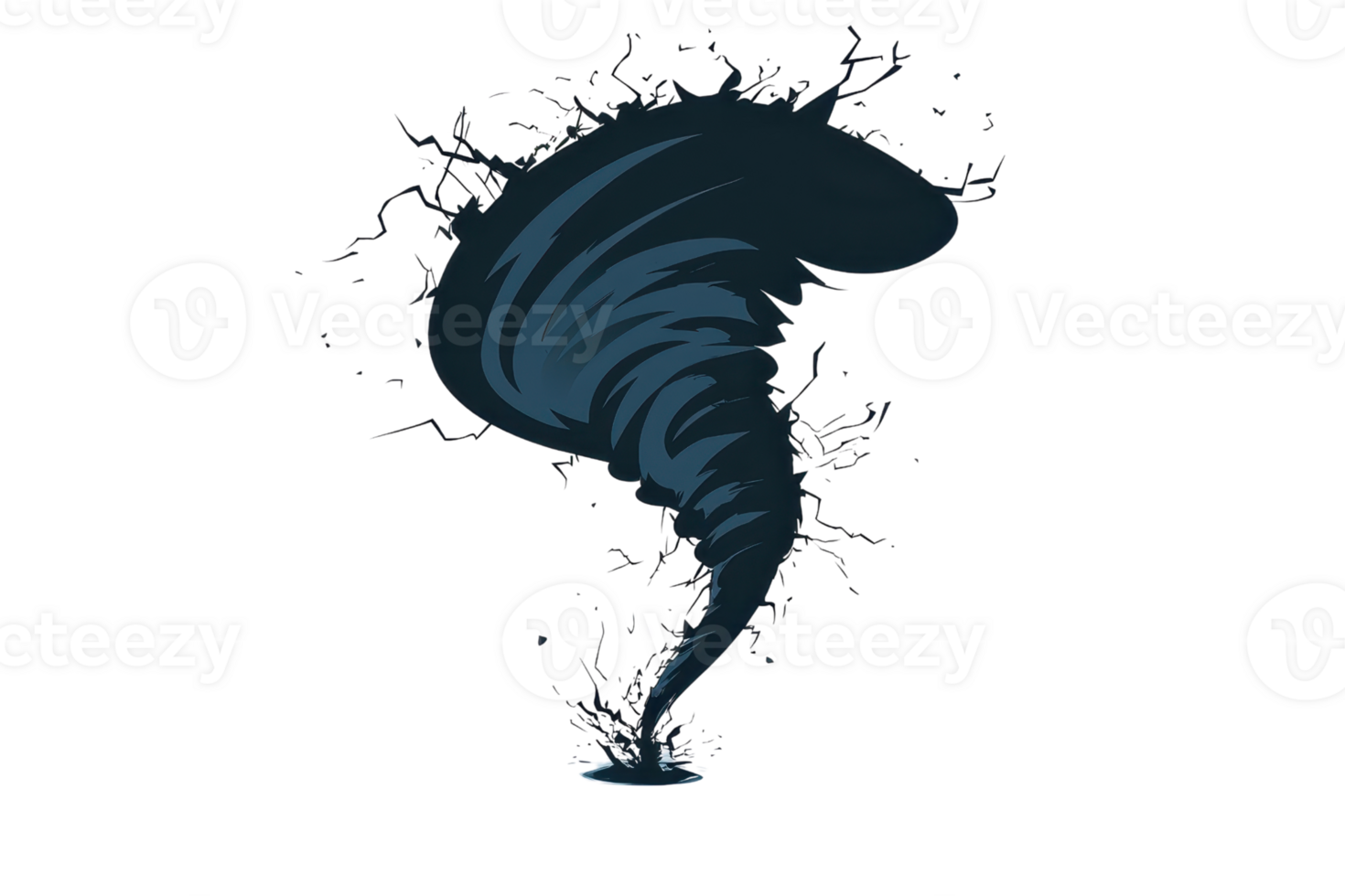 Digital illustration of a dark, abstract tornado with dynamic, swirling motion and splash elements on a transparent background. png