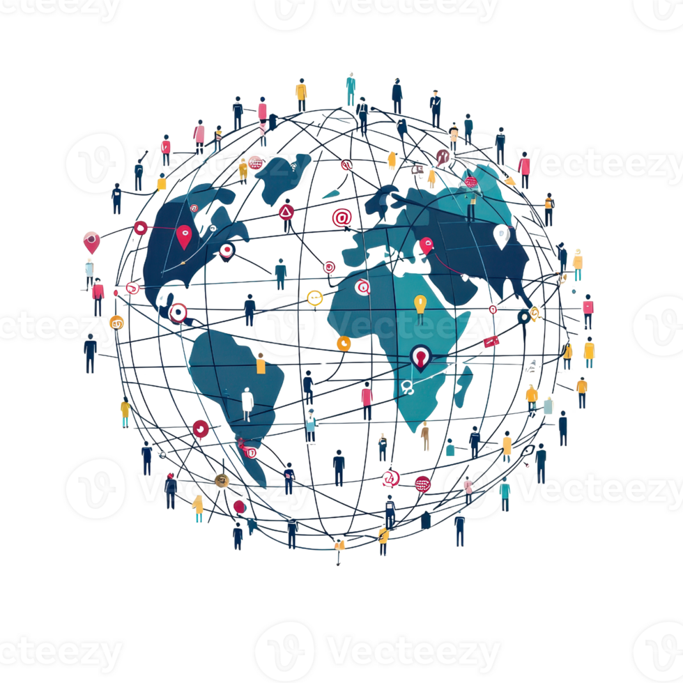 Global social network concept with interconnected world map nodes symbolizing communication, technology, and digital connectivity. png