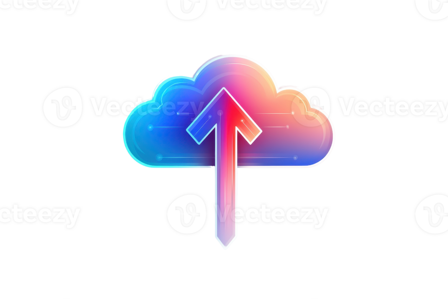 Colorful cloud upload icon symbolizing data transfer and technology innovation in vibrant gradient colors. png