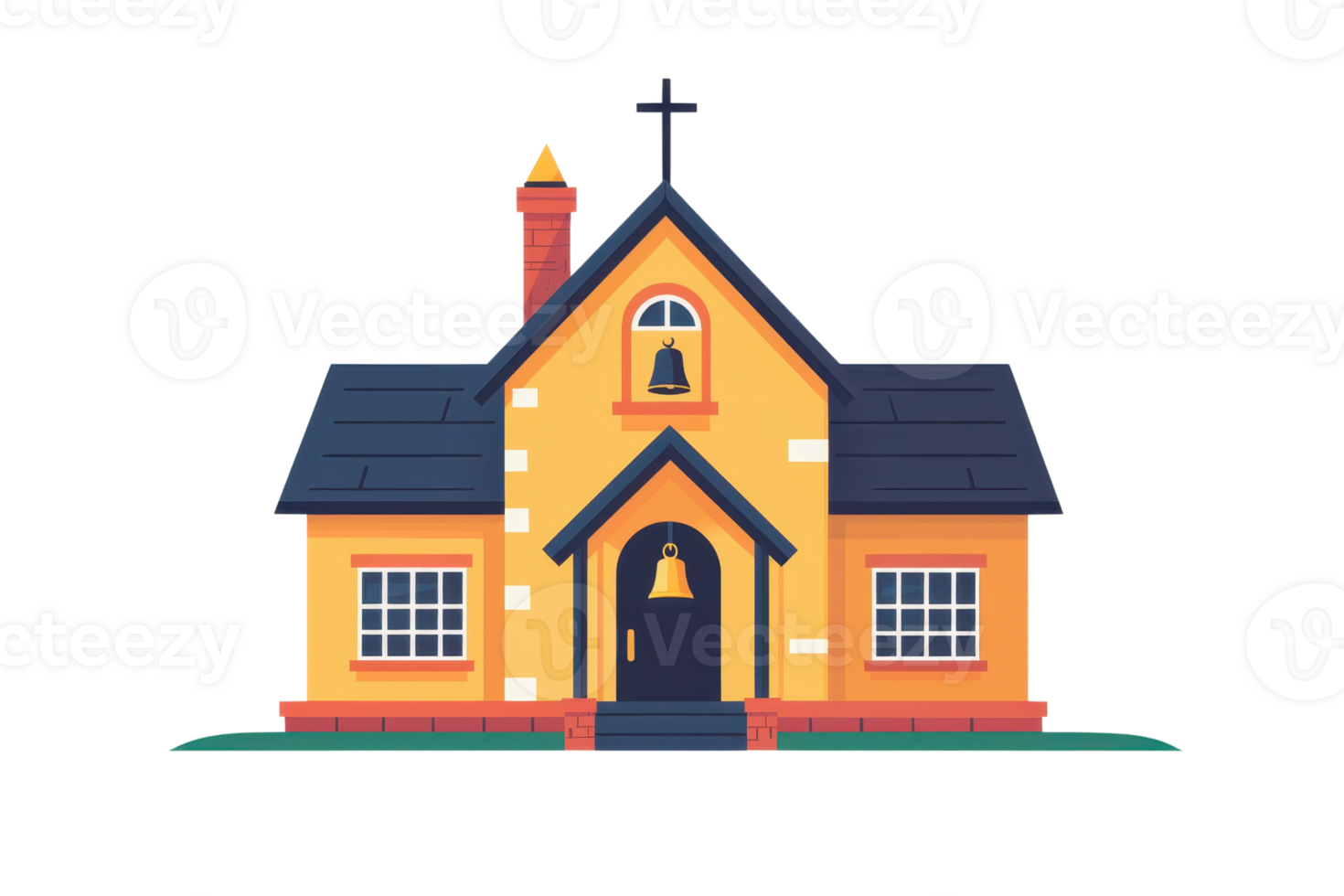 Charming cartoon-style house with chimney and cross. Perfect for themes of home, warmth, and community. Vibrant and inviting design. png