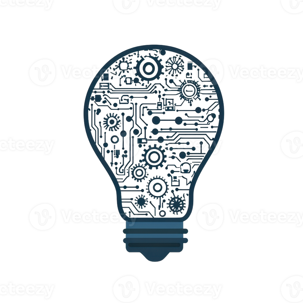Digital illustration of a lightbulb with circuit patterns symbolizing innovation, technology, and creativity in a modern technological world. png