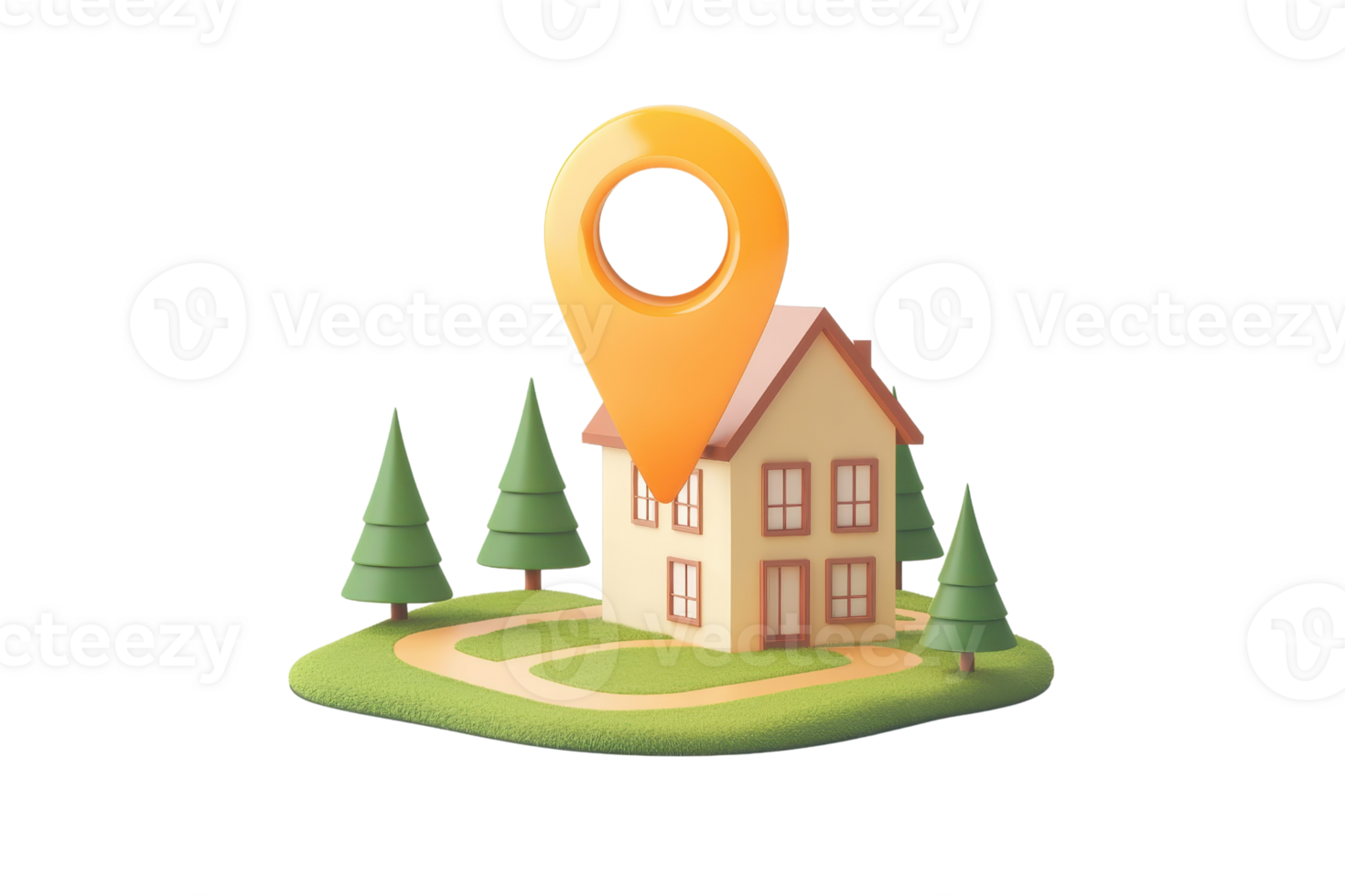 3D illustration of a cozy house with trees and a location pin symbolizing home, navigation, and real estate concepts. png