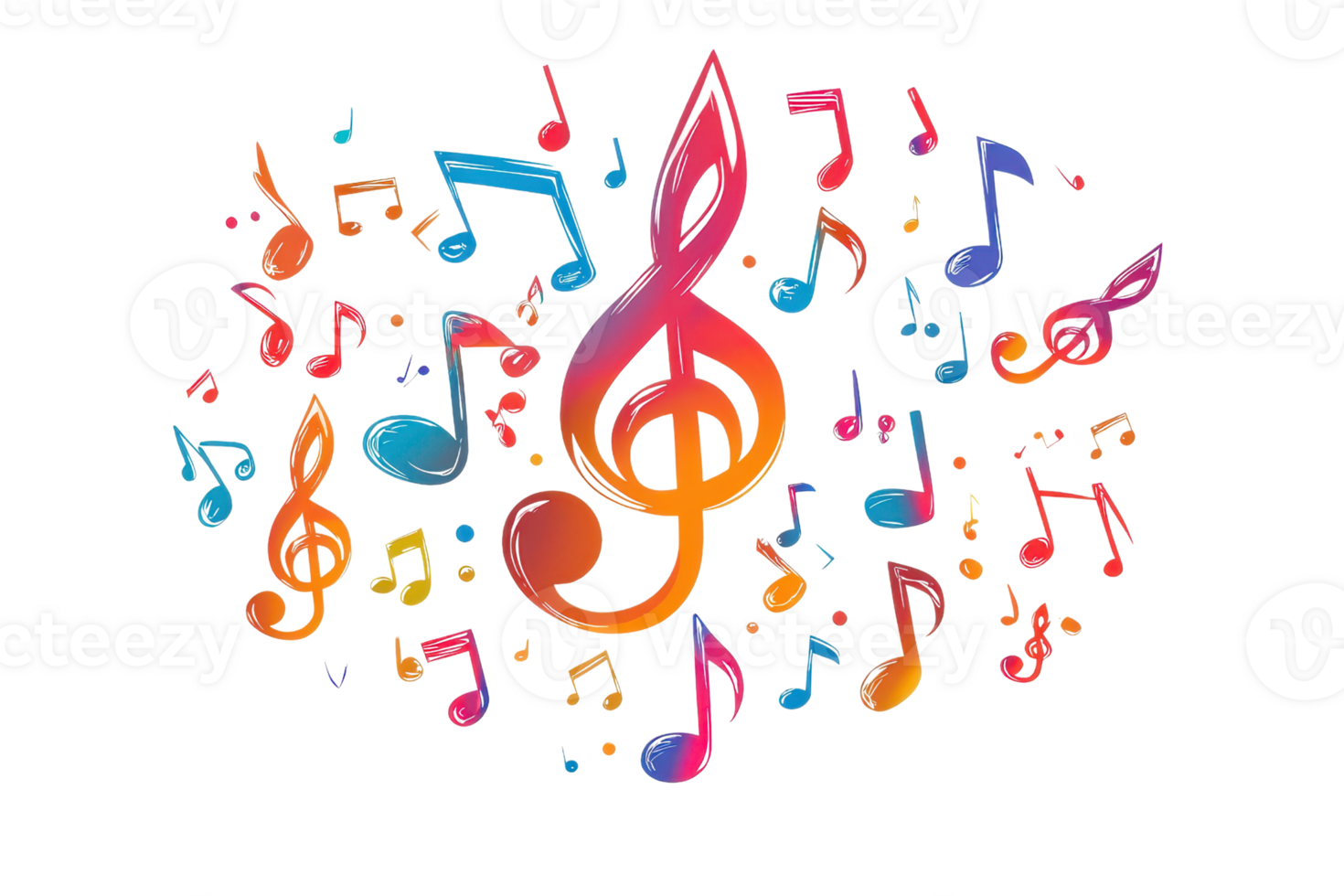 Colorful musical notes and symbols forming a vibrant artistic expression of music on a transparent background. png