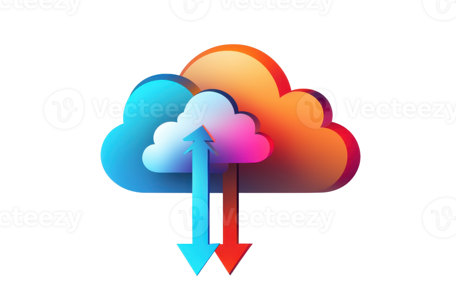 Colorful cloud illustration with arrows indicating data upload and download, symbolizing cloud computing and data transfer technology. png