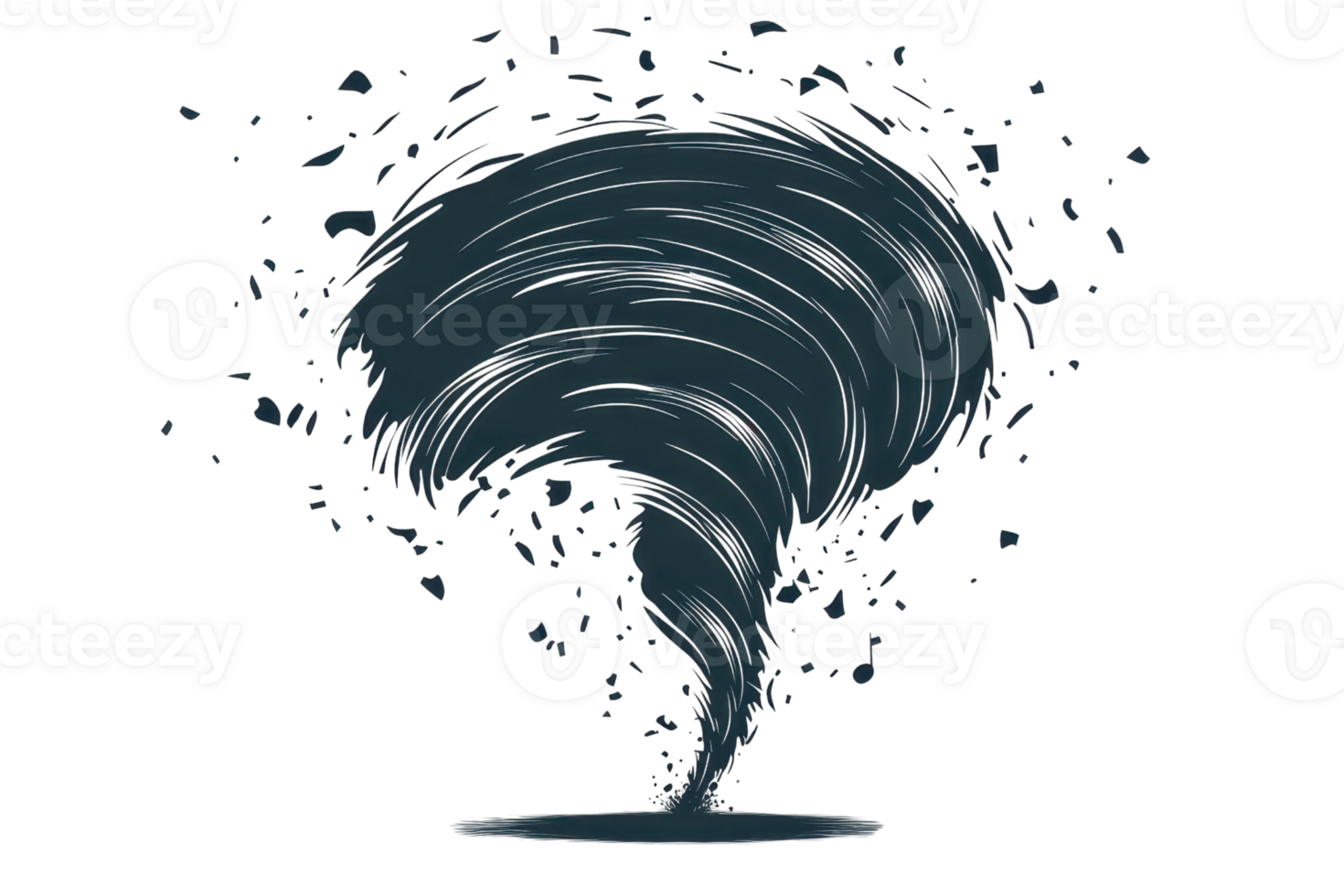 Artistic illustration of a swirling tornado formed by curved, dark brush strokes and speckles, evoking a sense of dynamic power in nature. png