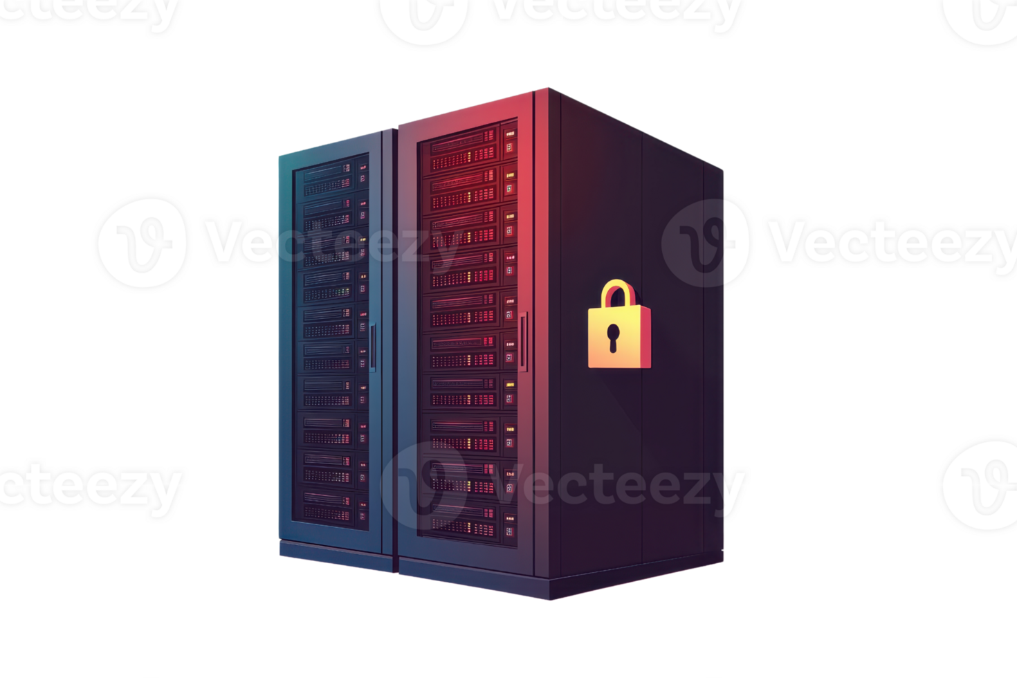 Colorful data server with digital lock symbolizing cybersecurity, data protection, and secure online storage in a sleek modern design. png
