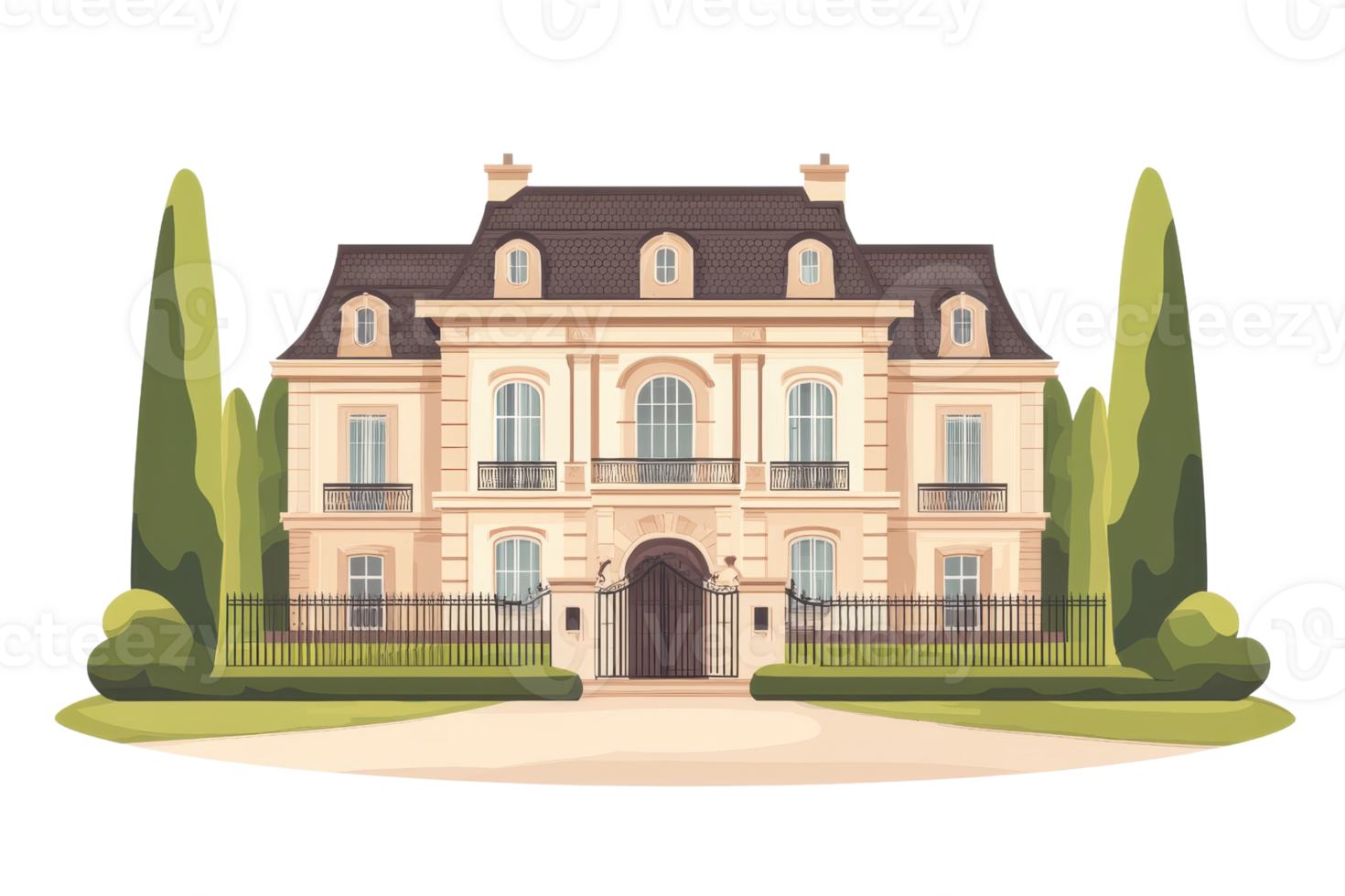 Elegant mansion with classic architecture, surrounded by lush gardens and trees, showcasing luxury and sophistication in a serene setting. png