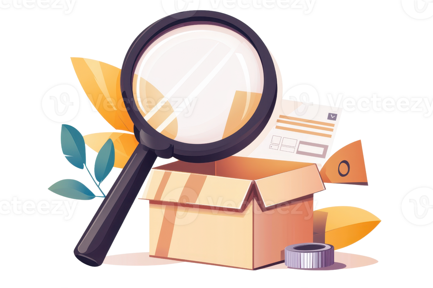 Cartoon cardboard box with documents, office supplies, and magnifying glass. Ideal for business, search, or discovery themes. png