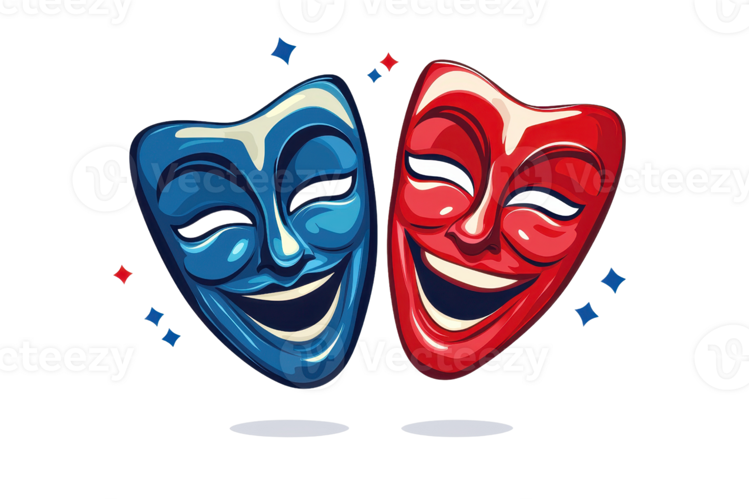 Colorful theatrical masks representing comedy and drama, symbolizing the dual expressions in performing arts. Vibrant and artistic design. png