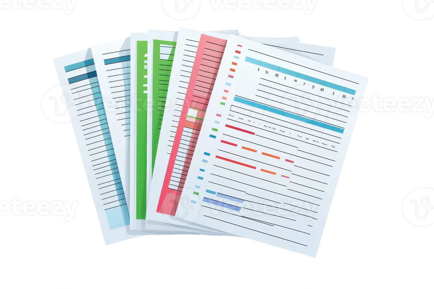 Colorful business report documents featuring data visualization and charts, ideal for presentations and analysis in a corporate setting. png