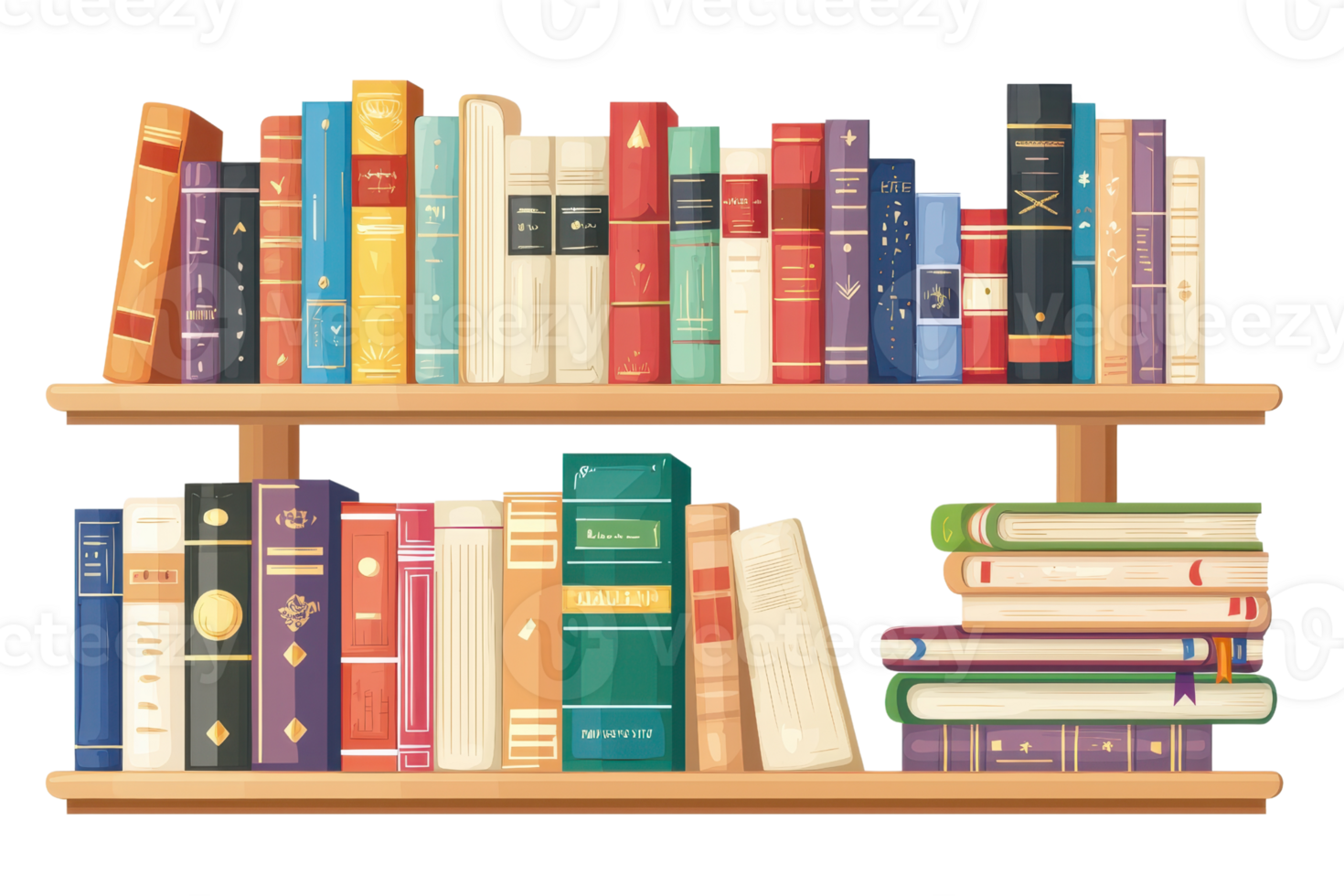 Colorful collection of books neatly arranged on a wooden shelf, perfect for library, education, or literature themed projects. png