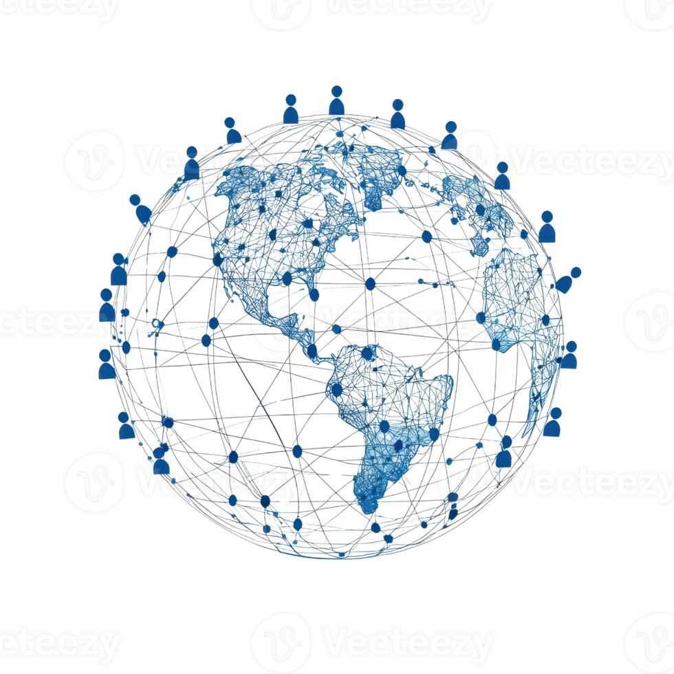 Digital network globe with connected dots representing global communication and data exchange technology on a transparent background. png