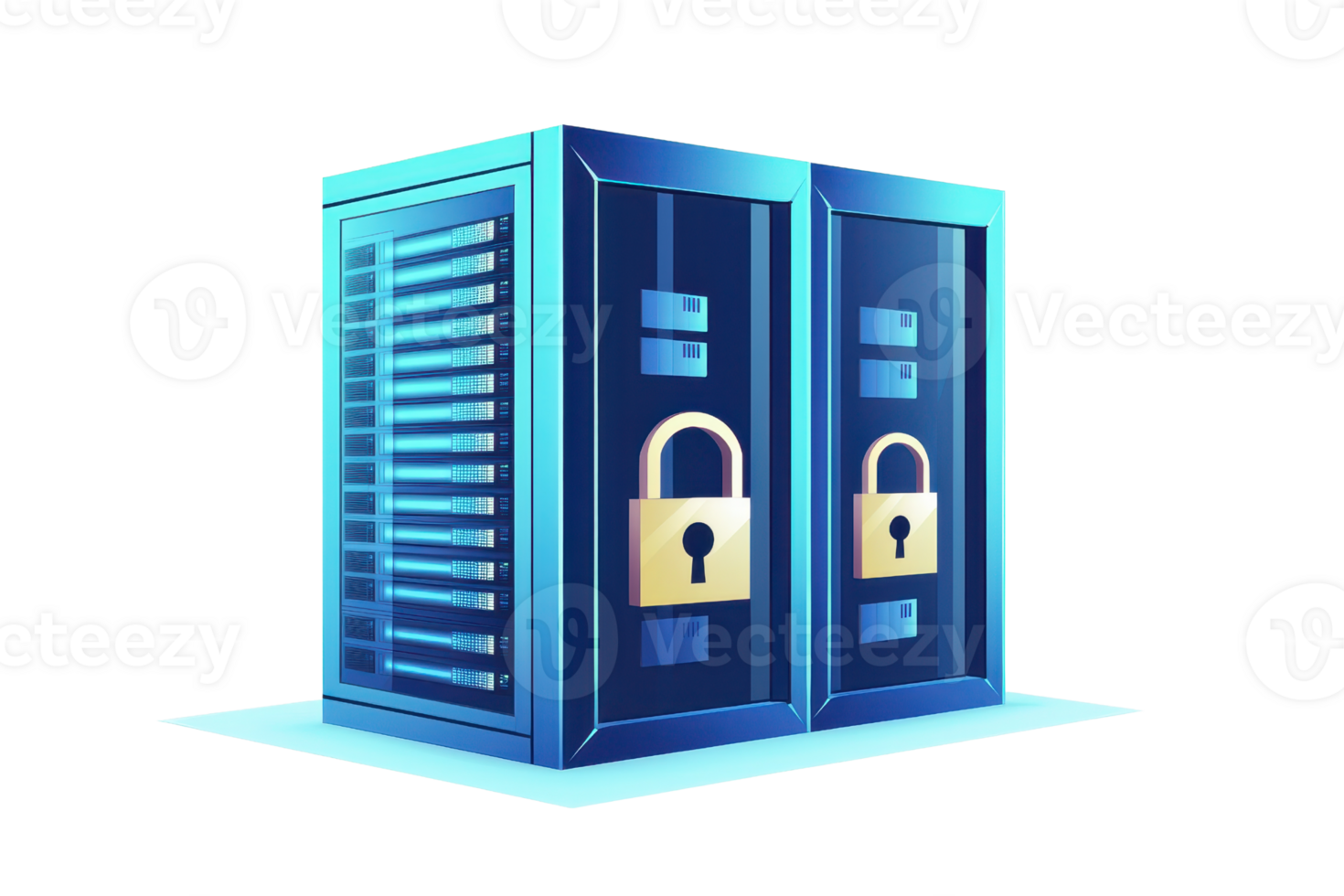 Digital data security concept with server racks and padlock. Perfect for illustrating cybersecurity themes and data protection solutions. png