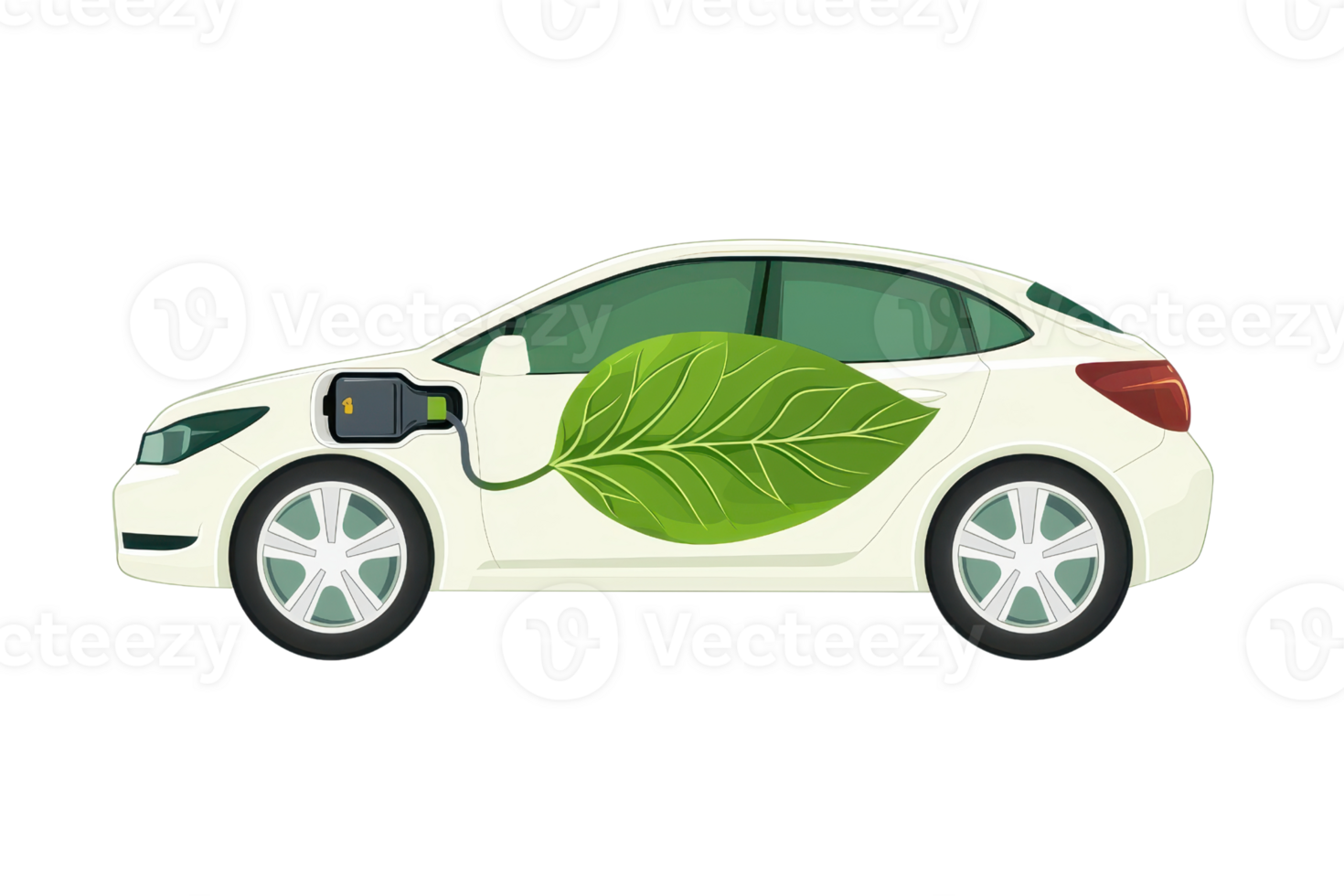 Illustration of an eco-friendly electric car with a large green leaf, symbolizing sustainable and green transportation. png