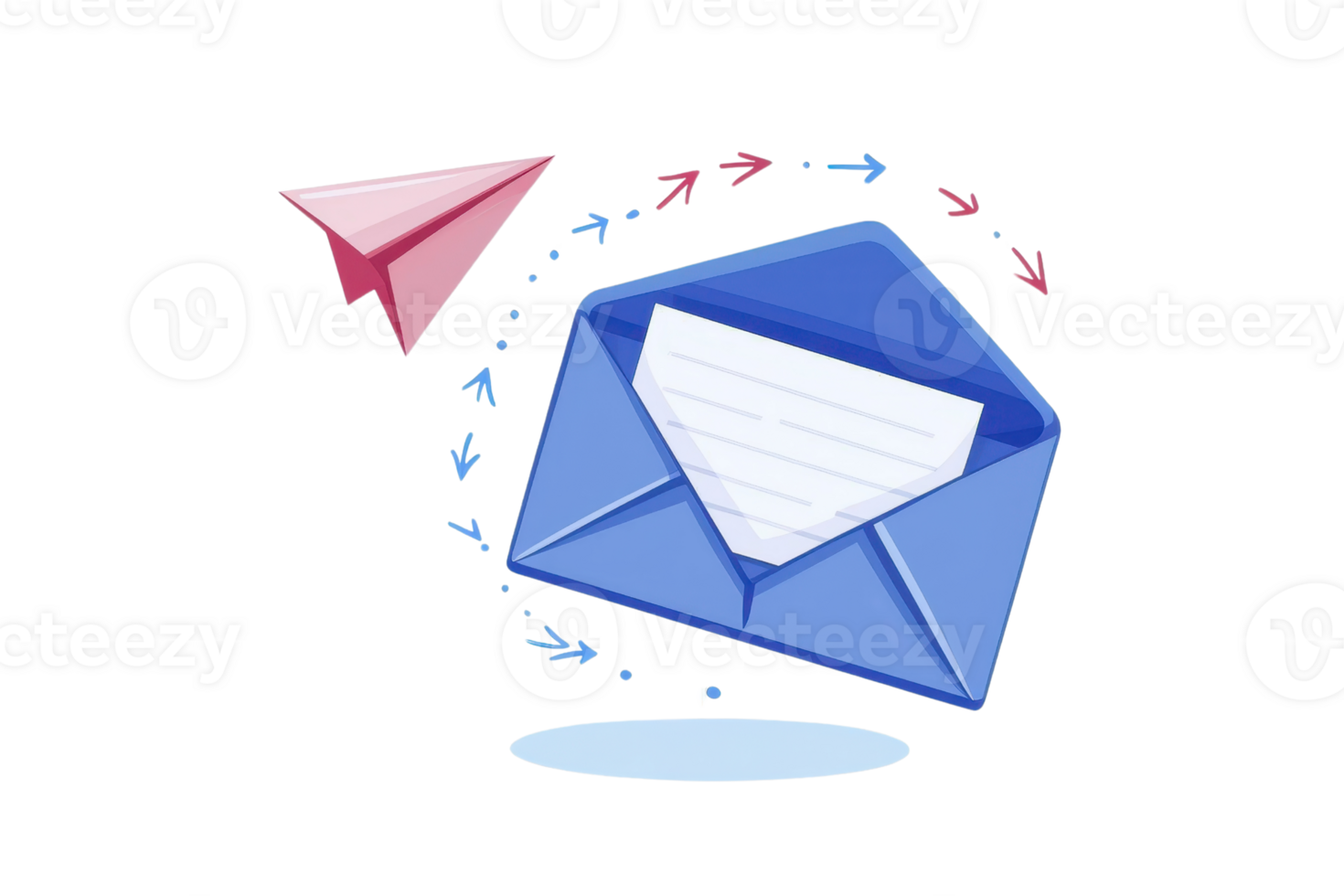 Illustration of an open blue envelope with a paper plane, symbolizing digital communication and correspondence. png
